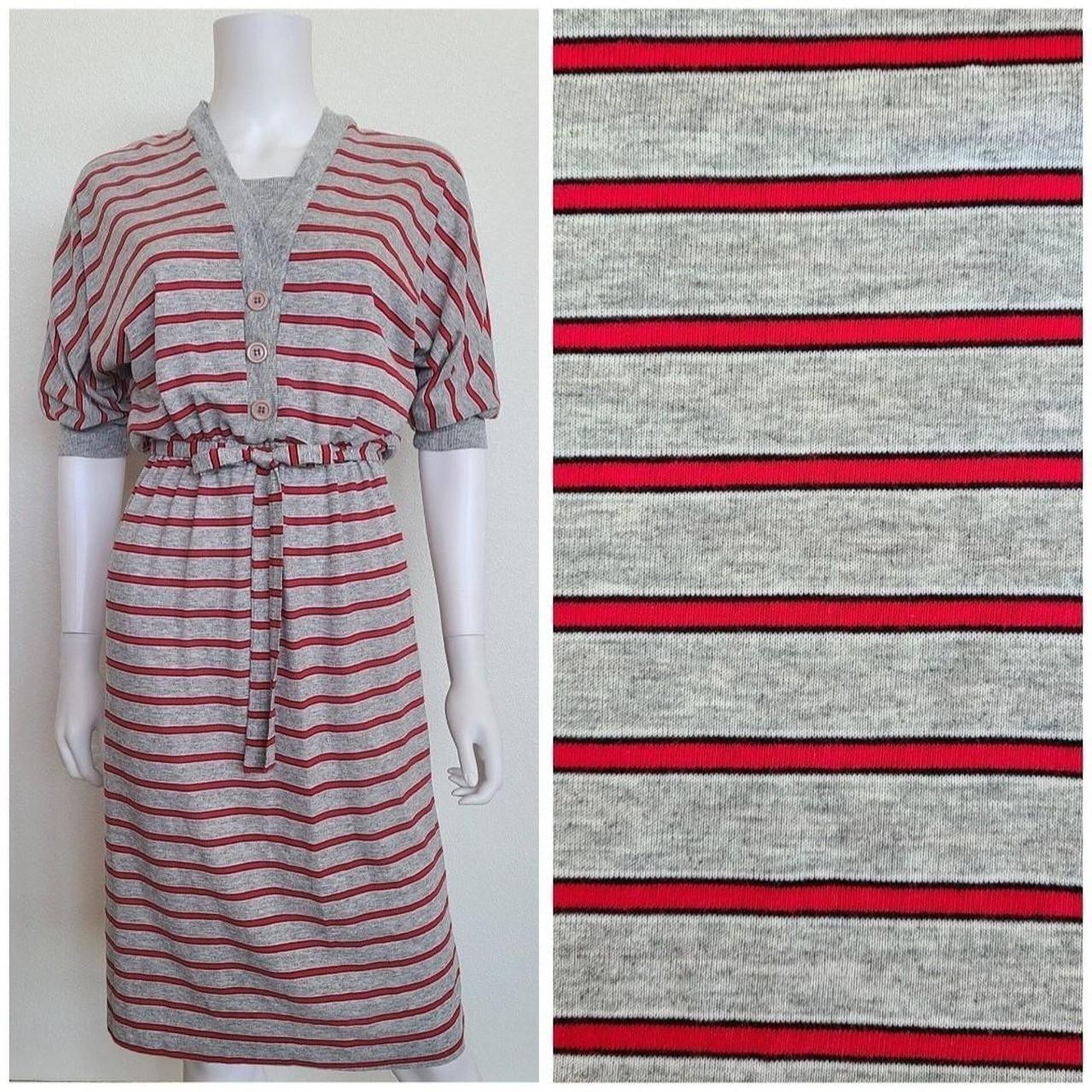 Vintage 80’s-90’s Gray & Red Stripe Blouson Button Up Sporty Dress By Impromptu