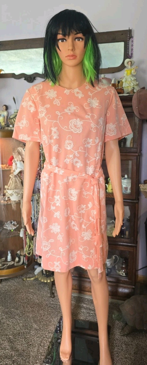VTG Pink Floral Faux Wrap Dress Women’s Short Sleeve Tie Waist Knee Length