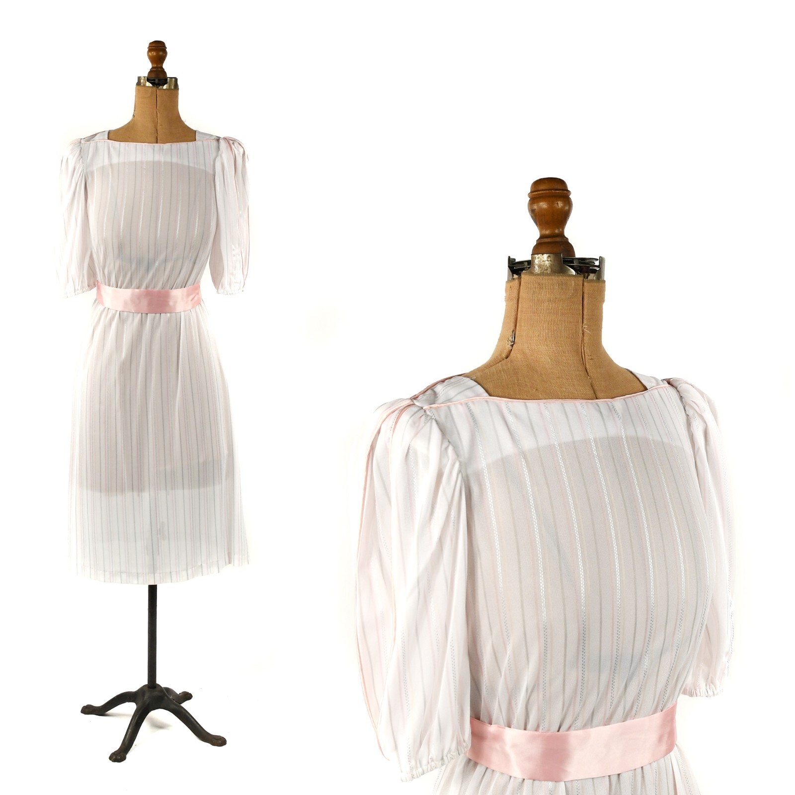 Vintage 80s Semi Sheer White + Pastel Pink Pinstripe Puff Sleeve Preppy Dress S