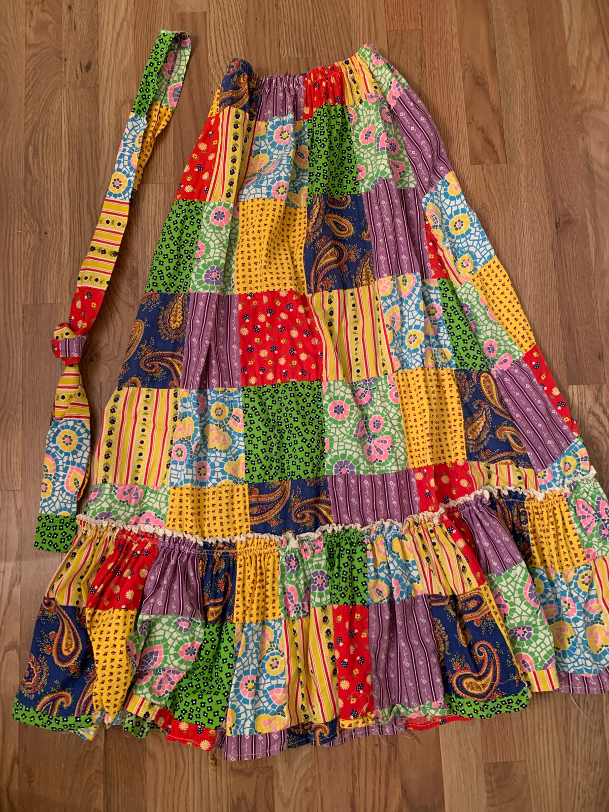 Beverly Paige Vintage Patchwork Cotton Maxi Skirt 70s High Waisted Bright