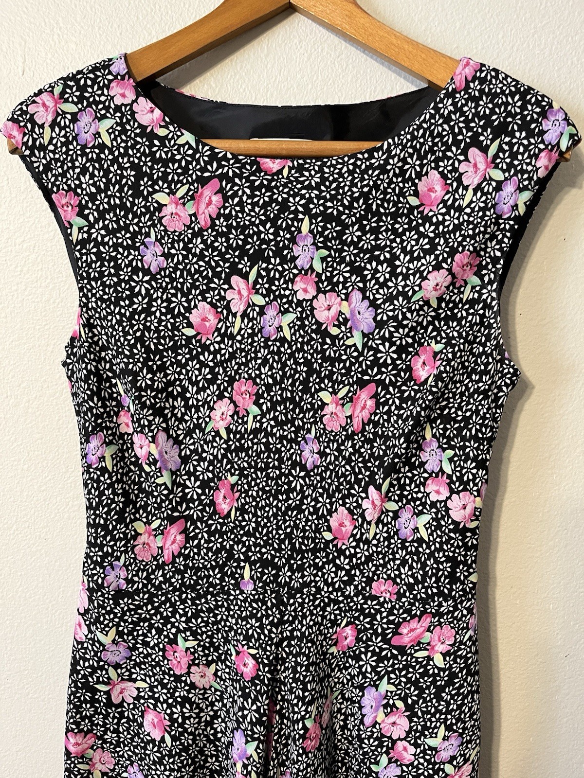 Vintage 90’s Midi Dress Black w/ Pink Floral Cottagecore Garden Party Size10