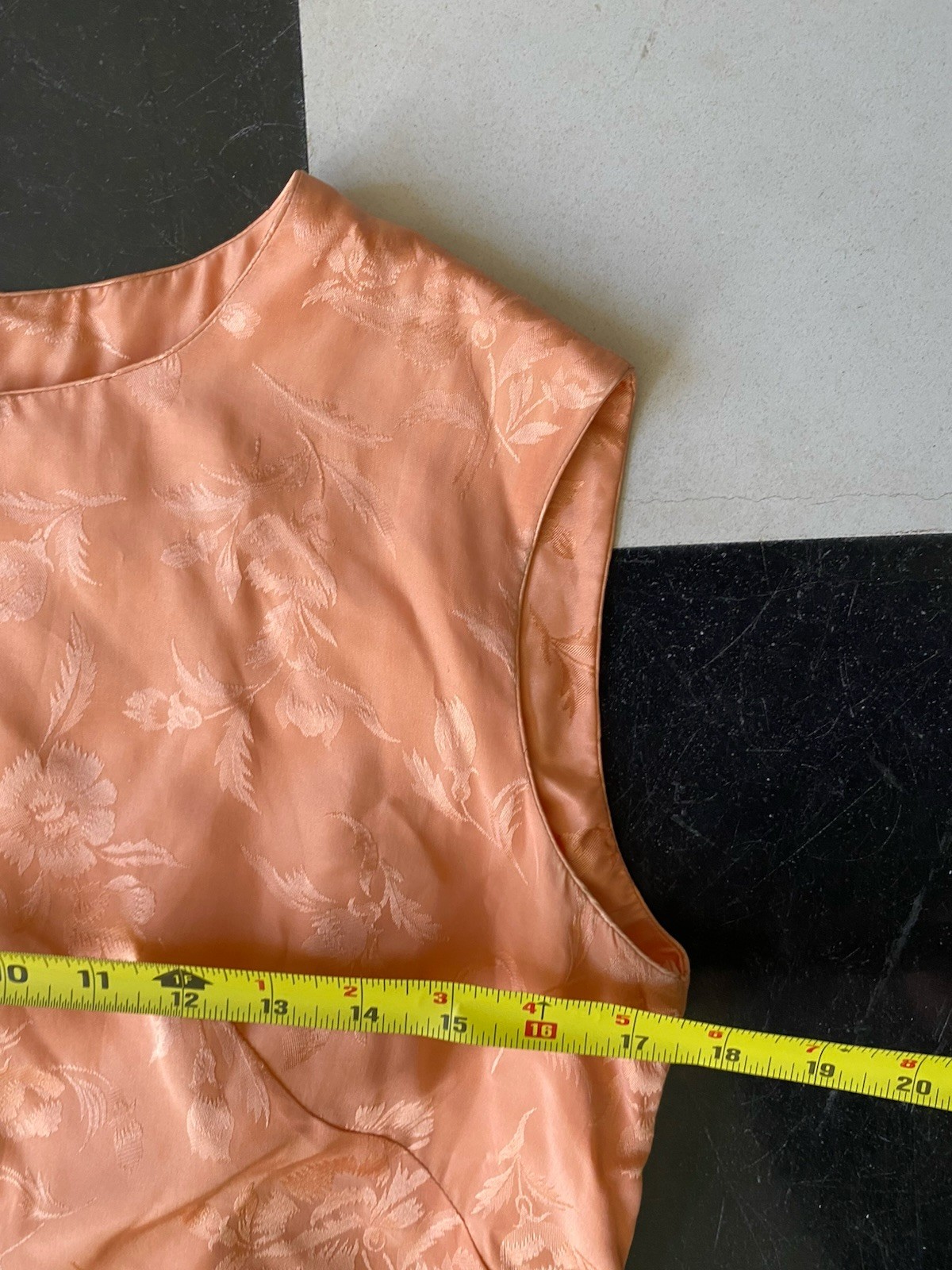 Vintage Bruce Arnold Peach Coral Silk 1960s Asian Floral Sheath Dress 10 Orange