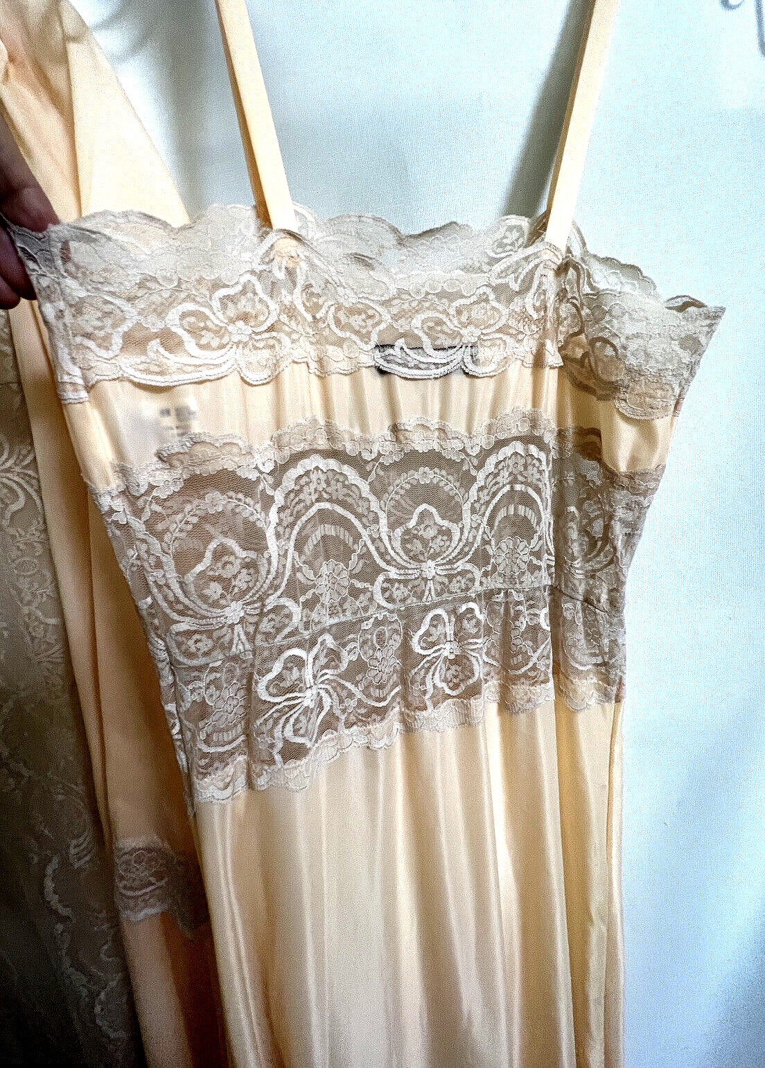 Sheer Madness Peach Satin Lacy Long Nightgown Matching Robe Set P / Petite VTG
