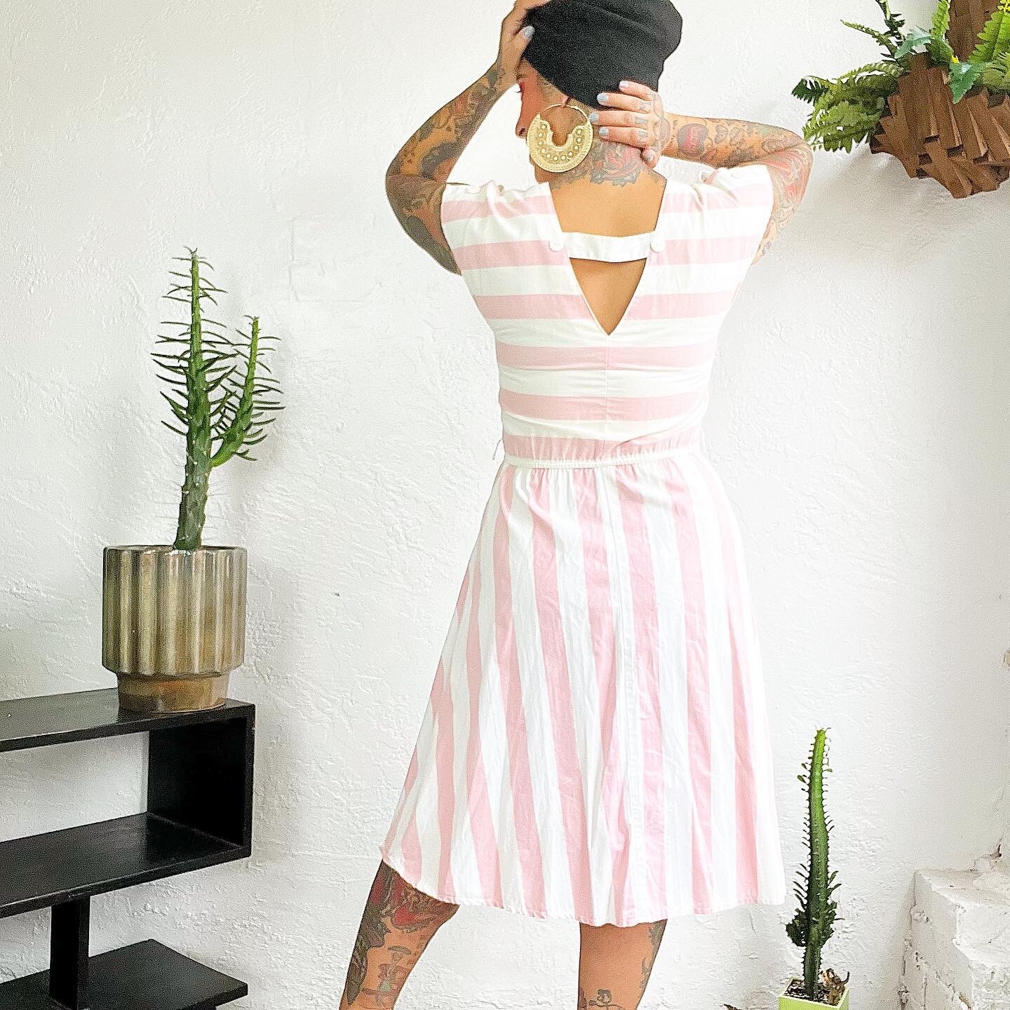 PINK & WHITE 1980’s 80s Vintage Chevron Cotton Striped Sailor Dress Sundress S M