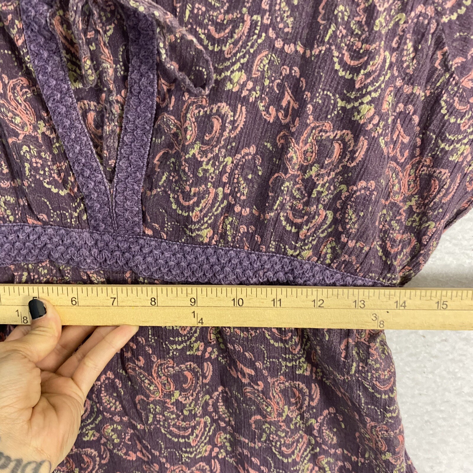 VTG Boho Peasant Balloon Sleeve Gauze Top L Purple Paisley 90s Blouse