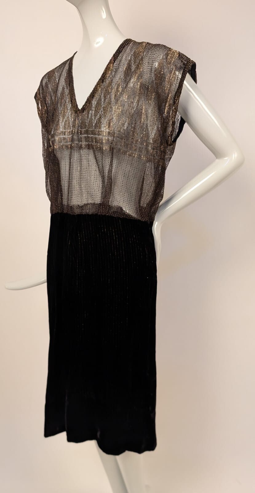 1940’S METALLIC GOLD LAME LACE + LAME PINSTRIPED VELVET DRESS