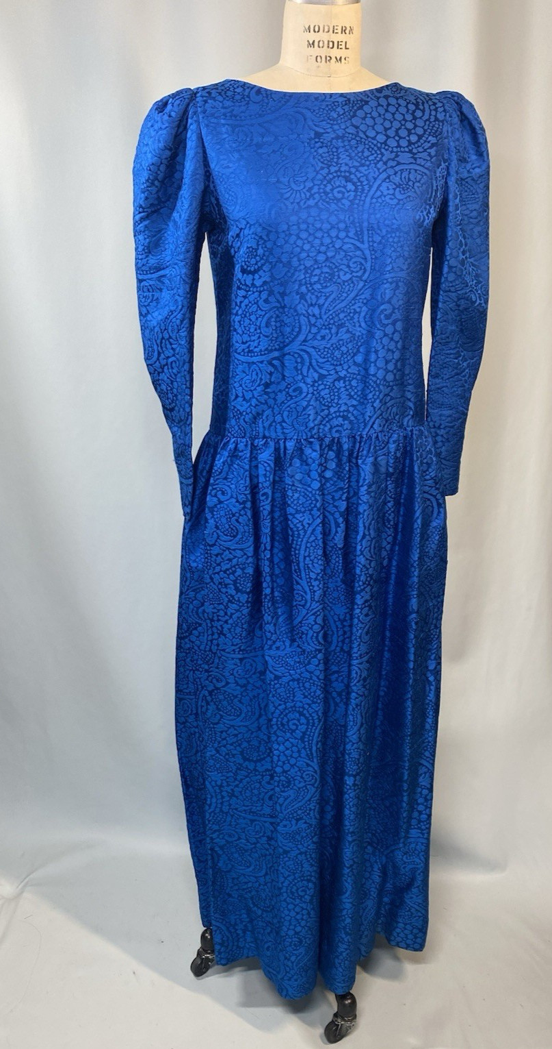 Vintage Dress SIZE LARGE blue Thai silk jacquard long sleeve 80s 90s handmade