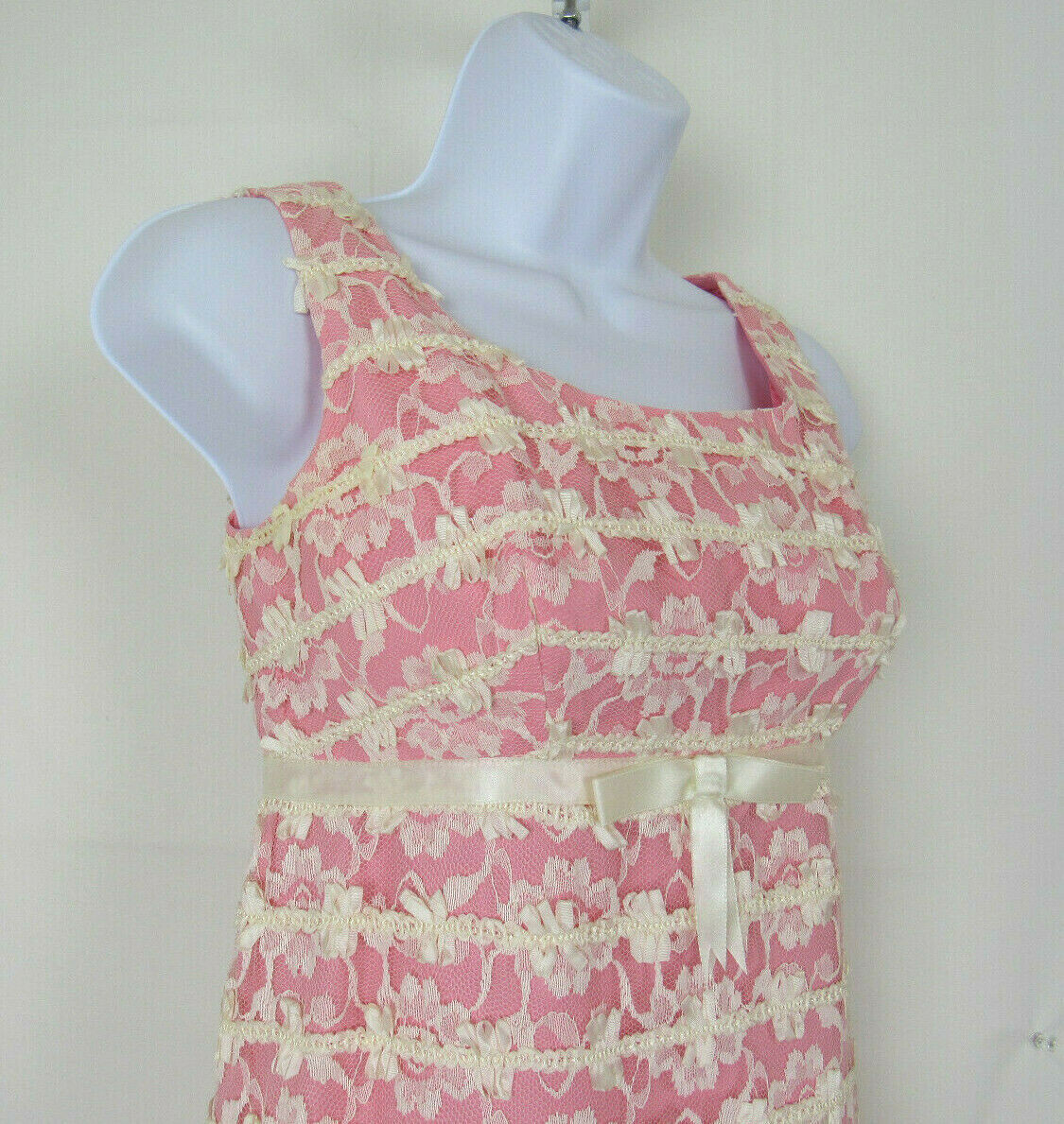 VTG 1950s REICH ORIGINALS MAXI DRESS PINK WHITE LACE MESH BOWS SLEEVELESS