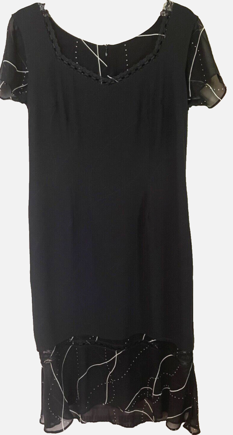 MICA SHEER MIDI RAYON BLACK WHITE LACE DETAILS DRESS FULLY LINED BACK ZIP sz 10