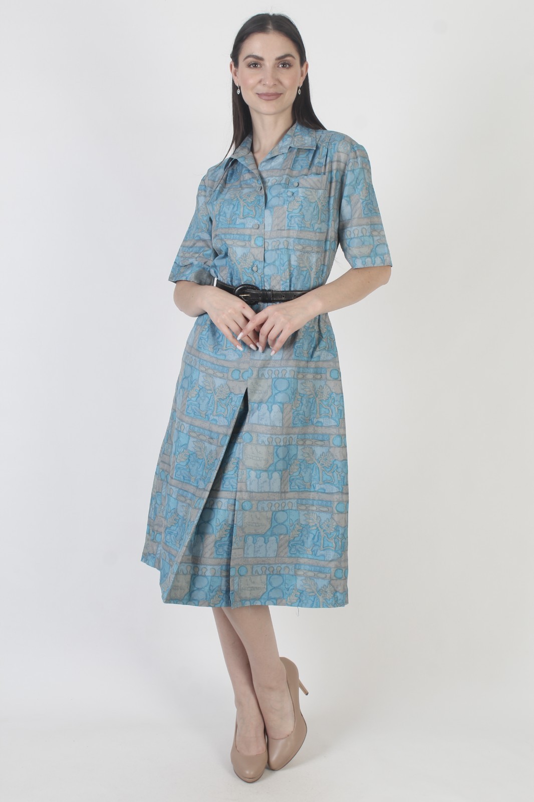 Vtg 60s Thai Silk MCM Dress Mid Century Mod Rockabilly Asian Ancient Print