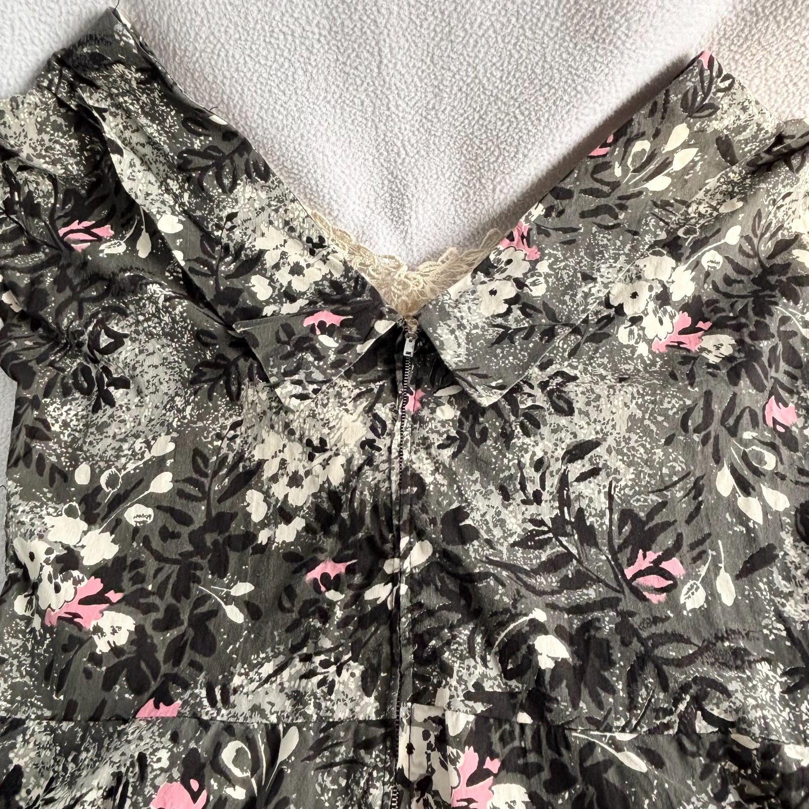 Vintage 1950s Pink Black Gray Abstract Print Fit & Flare Cotton Dress M/L