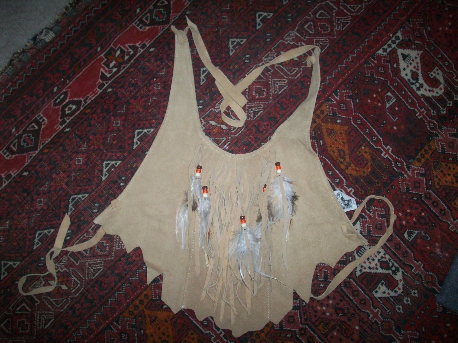 Vintage Suede Leather Fringe Feather Tan Brown Boho Halter Open Back Crop Top