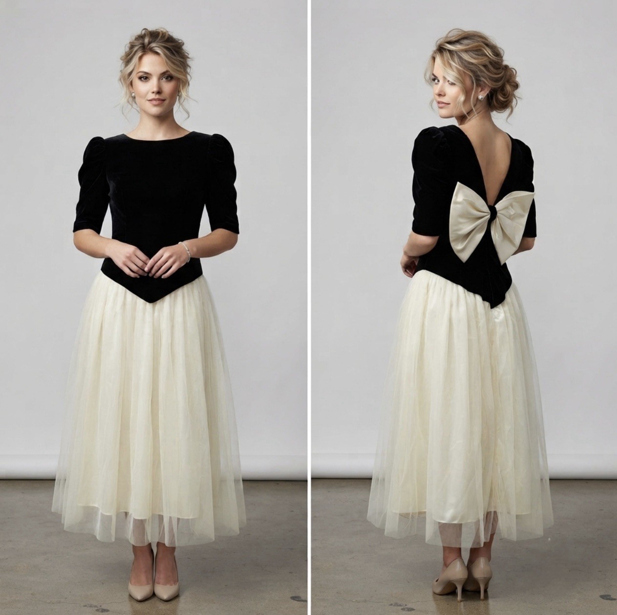 Vintage 80s Women’s M Black Velvet Cream Tulle Satin Bow Midi Retro Party Dress