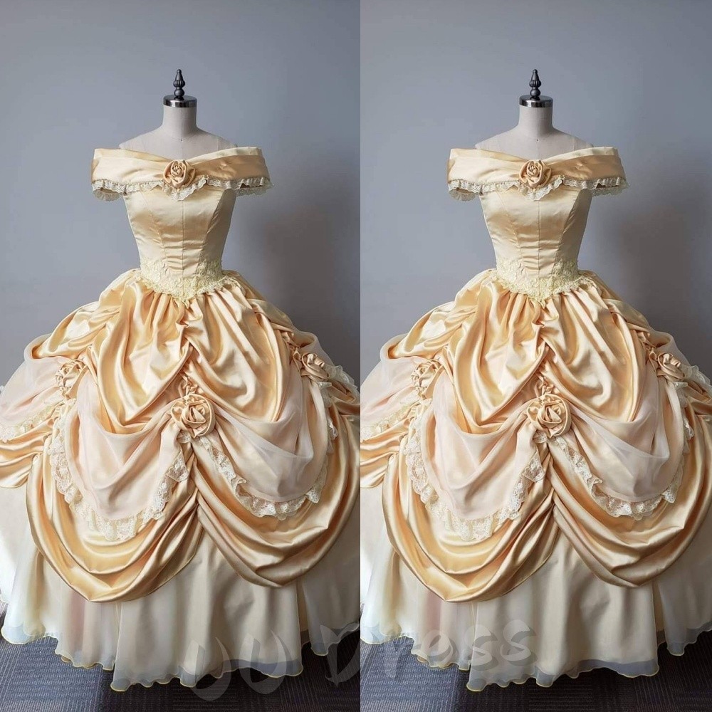 Champagne Satin Victorian Ball Gown Off Shoulder Lace Rose Applique Princess
