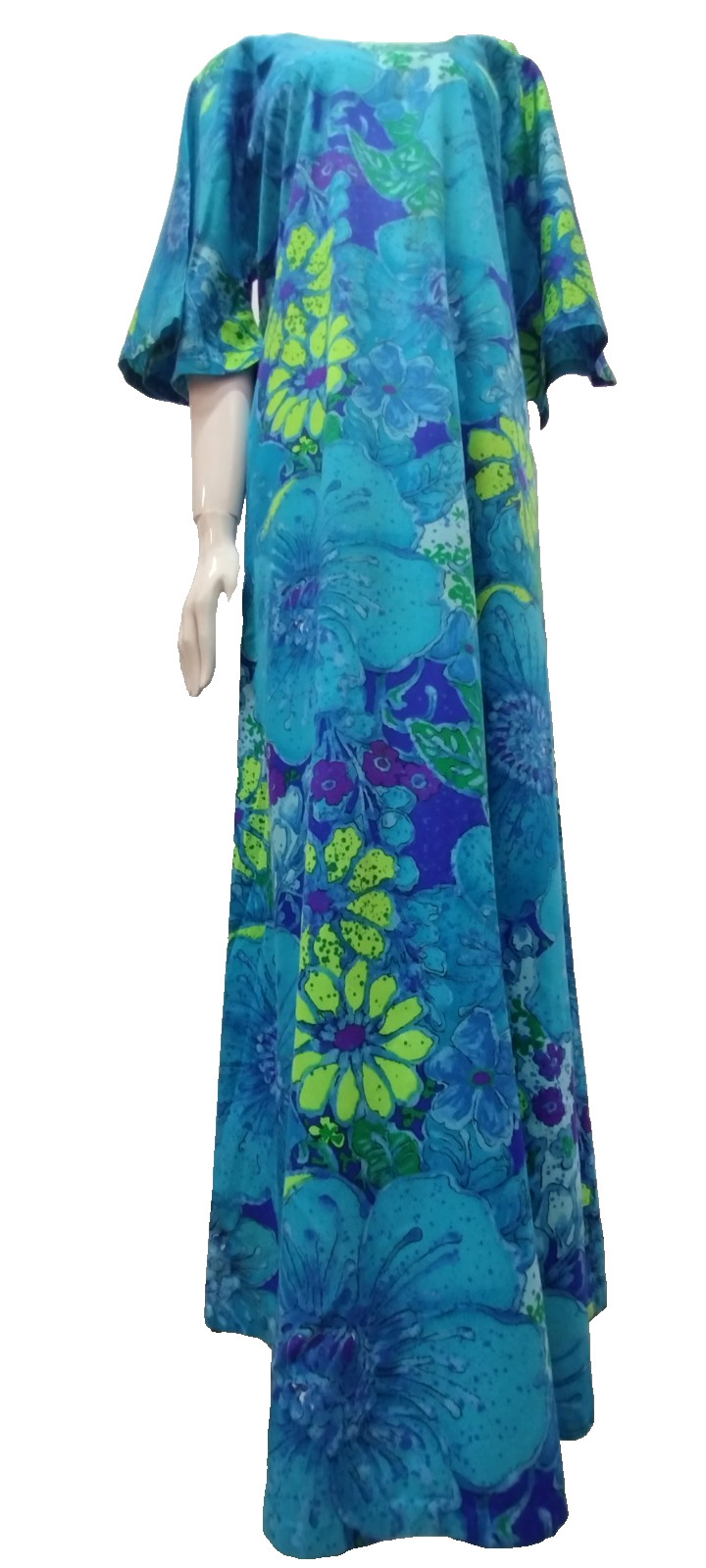 Vintage Maxi Dress Barkcloth Neon Turquoise Huge Flowers 60s Draper’s TWO POTATO