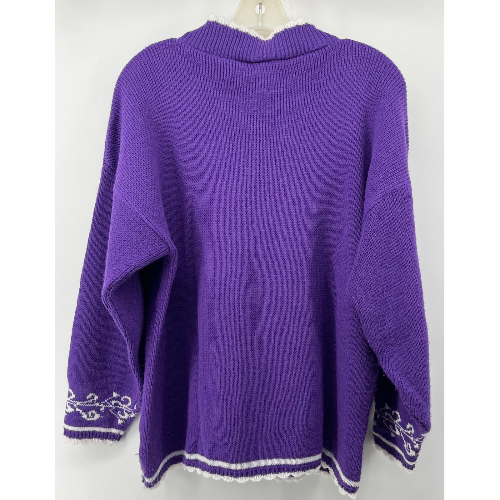 Vintage Spunky Purple Cat Window Intarsia Knit Sweater Mock Neck Scalloped Trim