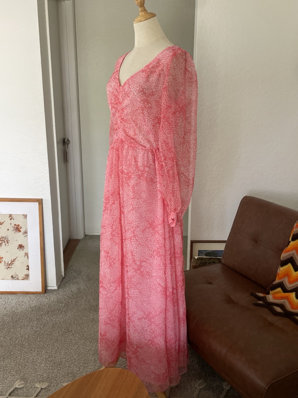 Vintage 1970s James Daugherty Boho Glam Maxi Long Sleeve Dress Pink Large