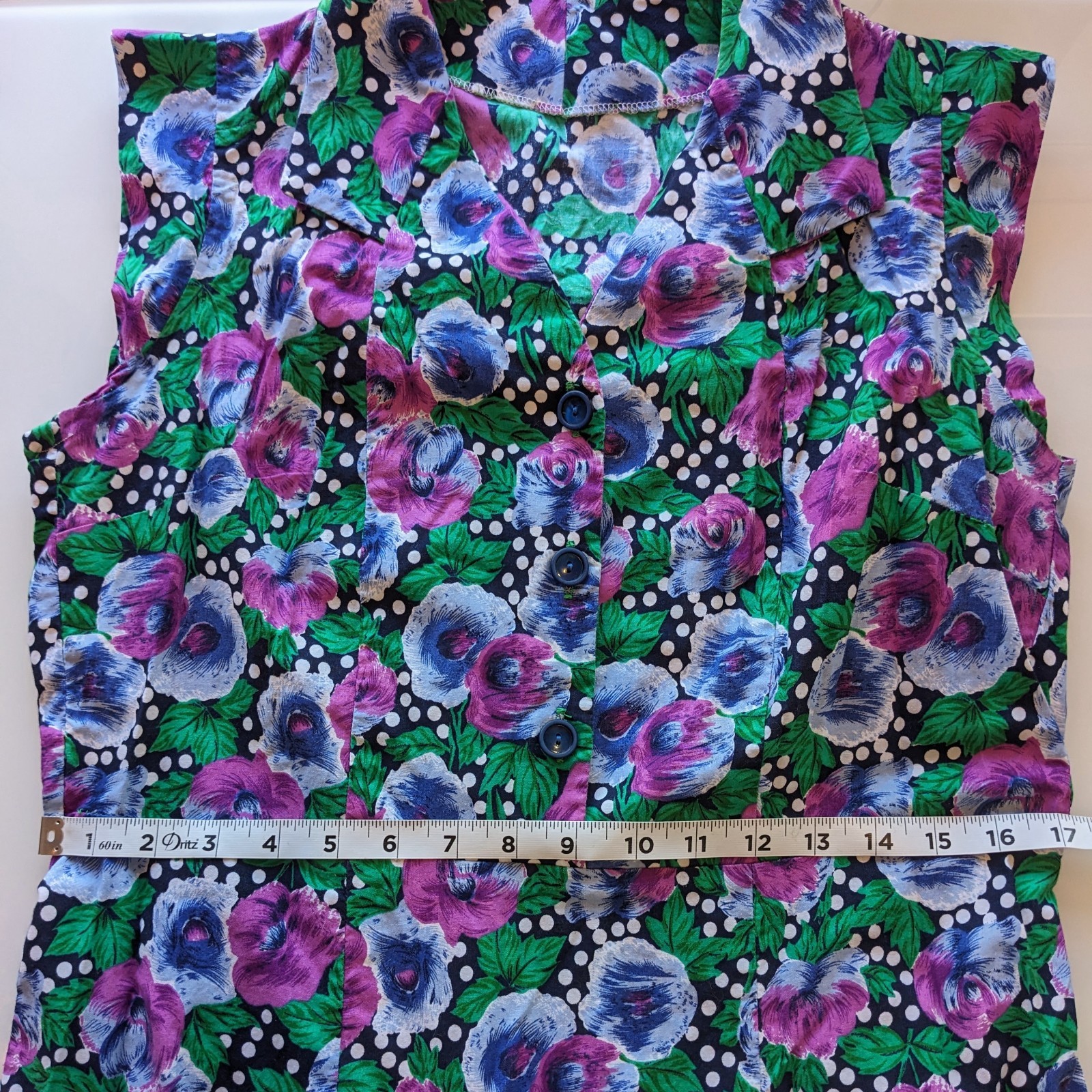 Vintage Handmade Polka Dot Floral Shirt Dress L Button Up Front Cottagecore Midi