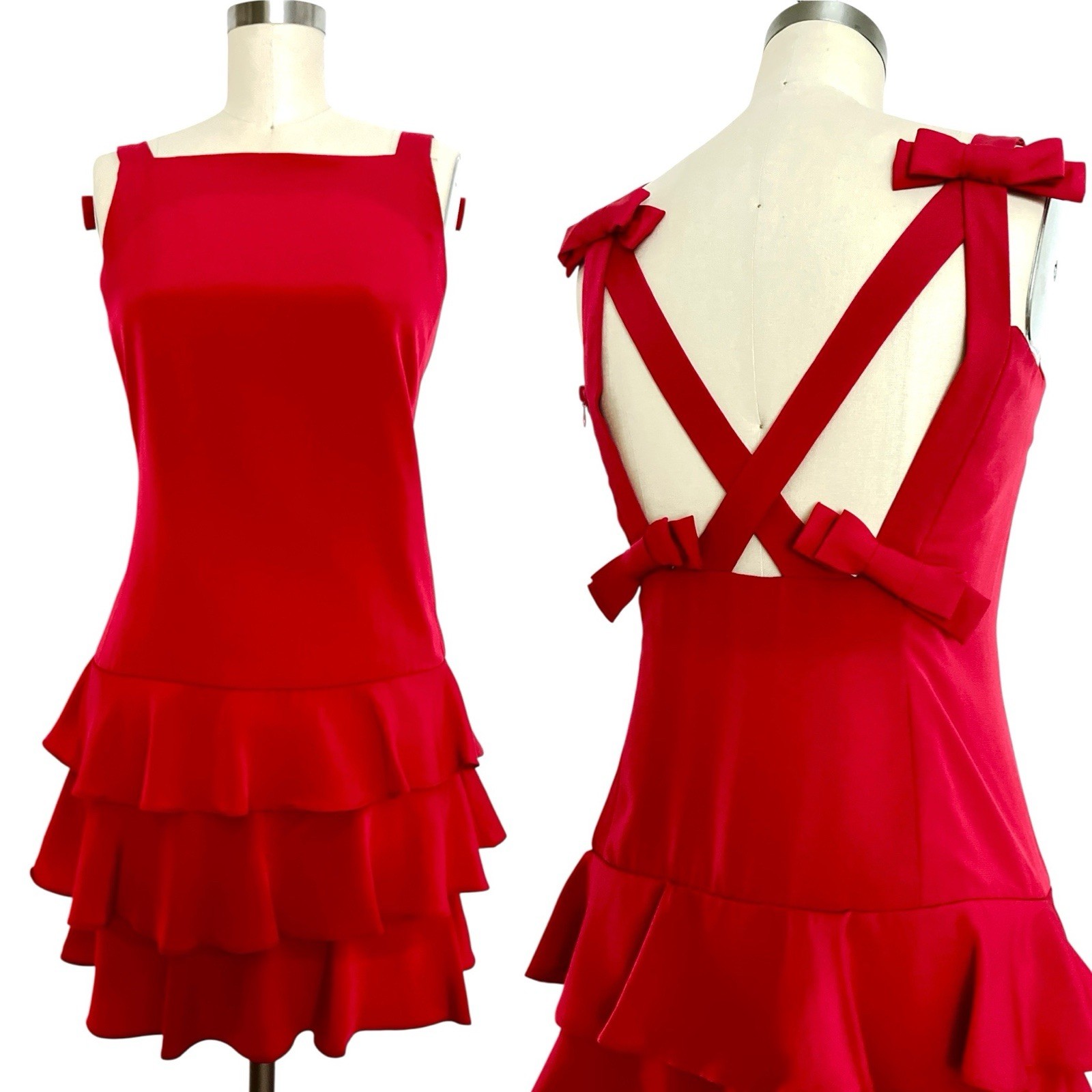 VTG Martin Ross 80s/90s Sz 4 XS/S Red Coquette Shift Dress Ruffle Bows Open Back