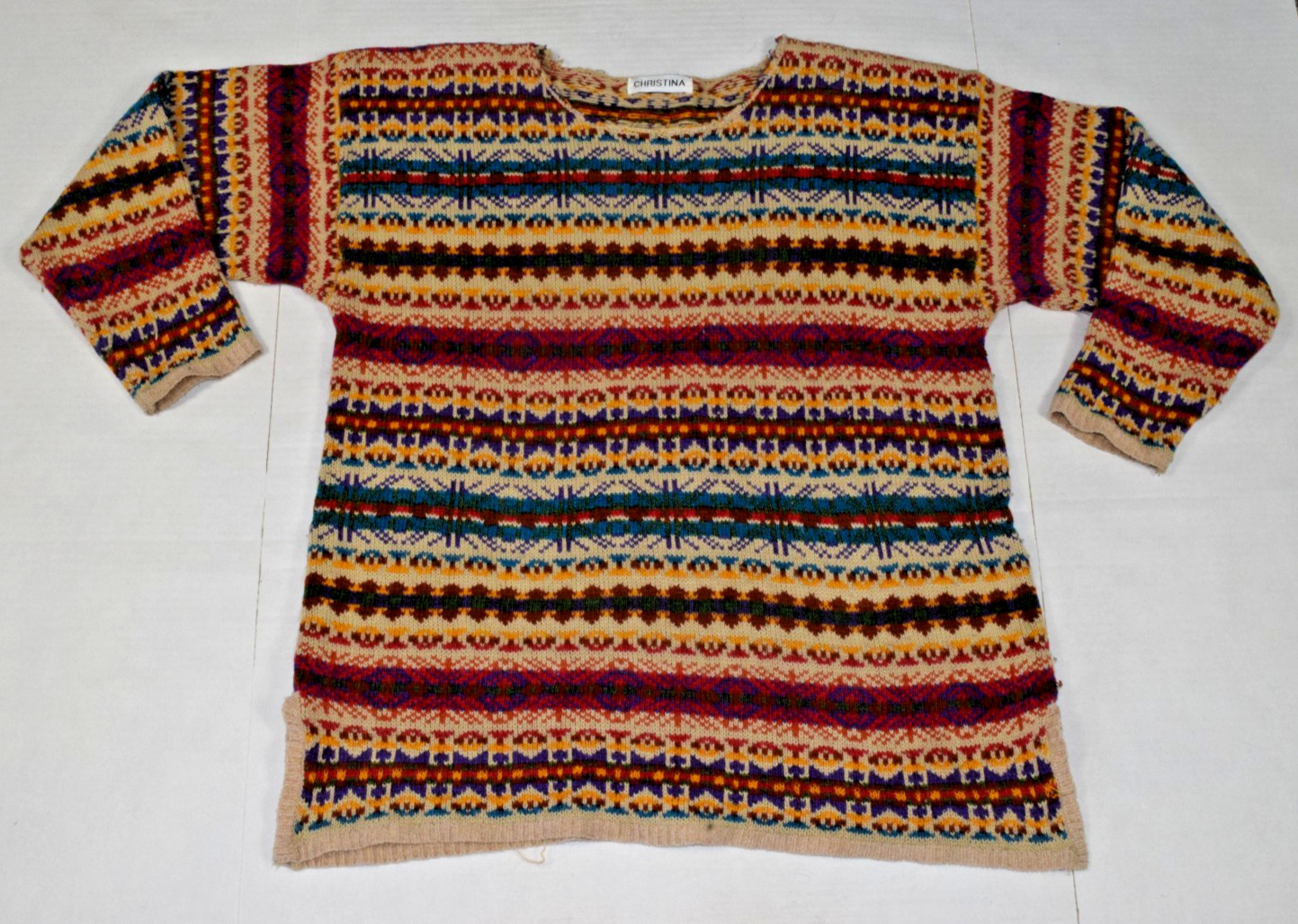 VTG Sweater Christina Size L 70s 80s 90s Colorful Fair Isle Pullover Distress