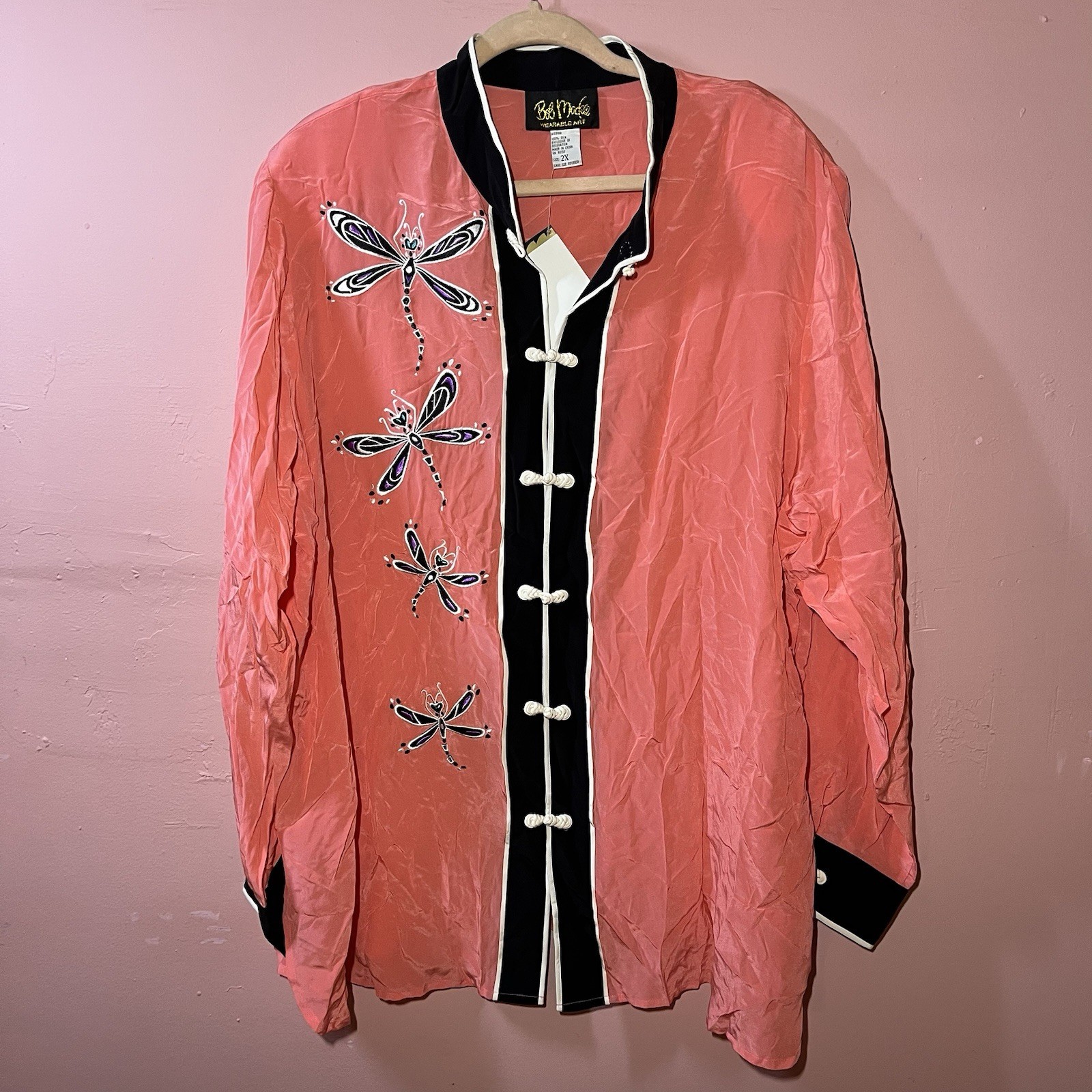 VTG WOMEN’S BOB MACKIE 100% SILK BLOUSE WEARABLE ART KIMONO STYLE 2X Dragonfly