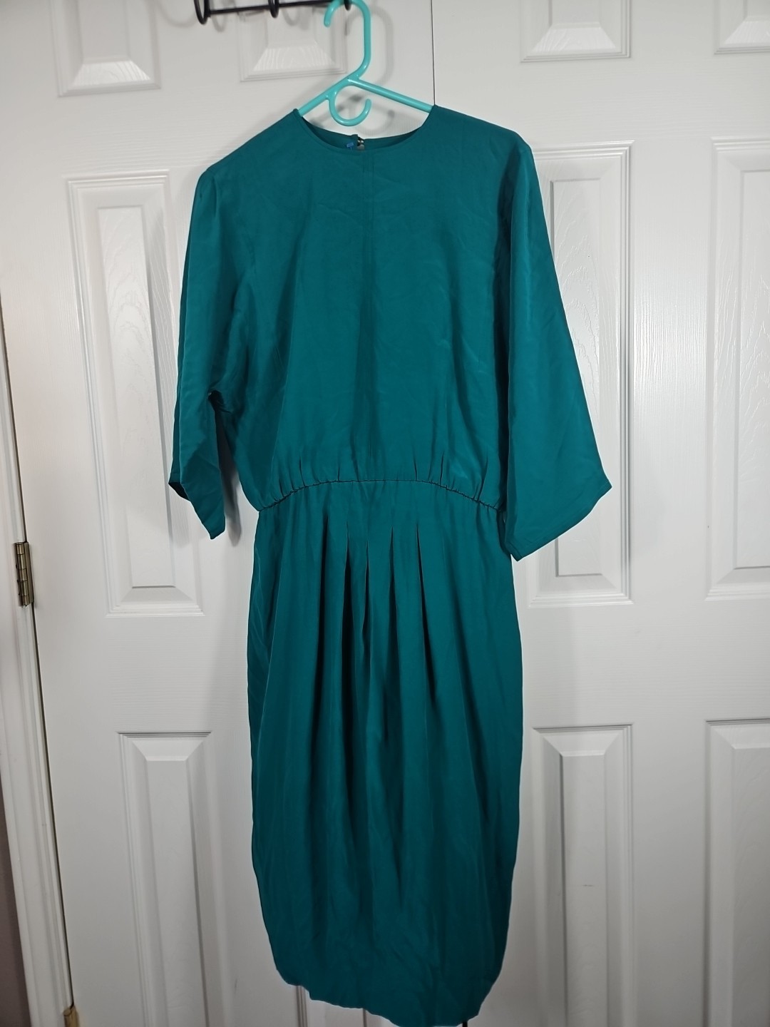 80s Glam 100% Silk Teal Cocktail Dress 6 Open Back Shoulder Pads Luxury Dallas