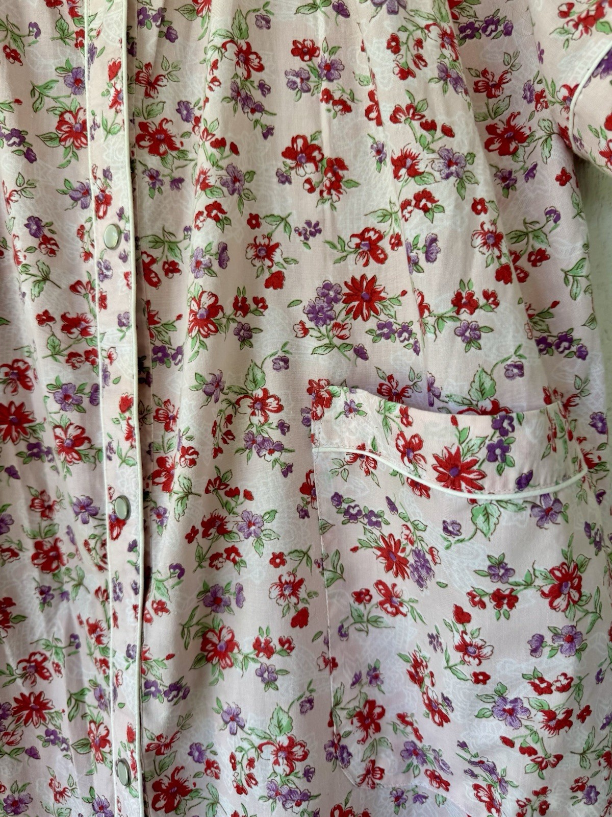 Vtg Lady Rina Pink Floral House Dress XL Snap Front Duster Lounge Muumuu Cottage