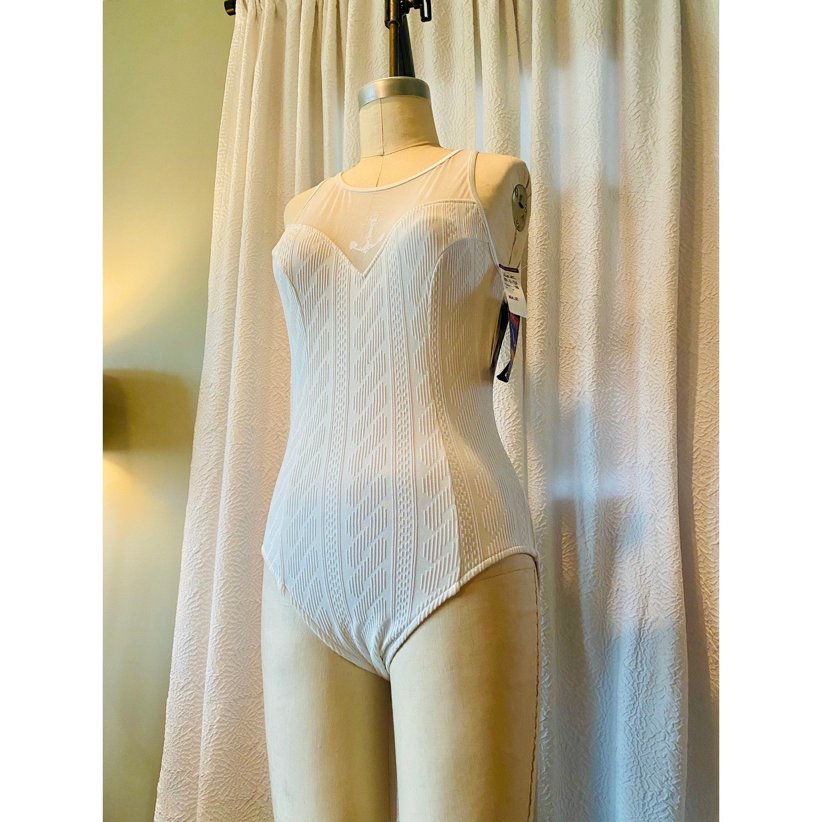 Vintage Jantzen Cable Knit White One Piece Mesh Window Swimsuit, Size 10