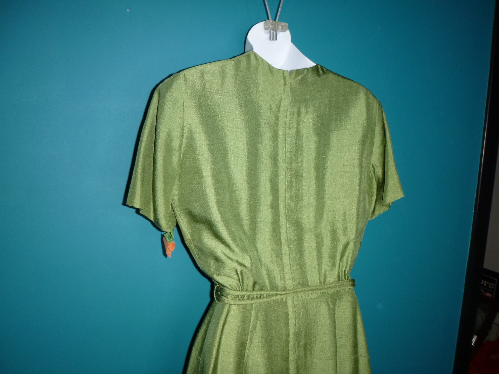 Vtg 50s 60s Mancini California Green Silk Dupioni Sheath Dress W/ Belt Sz S/M