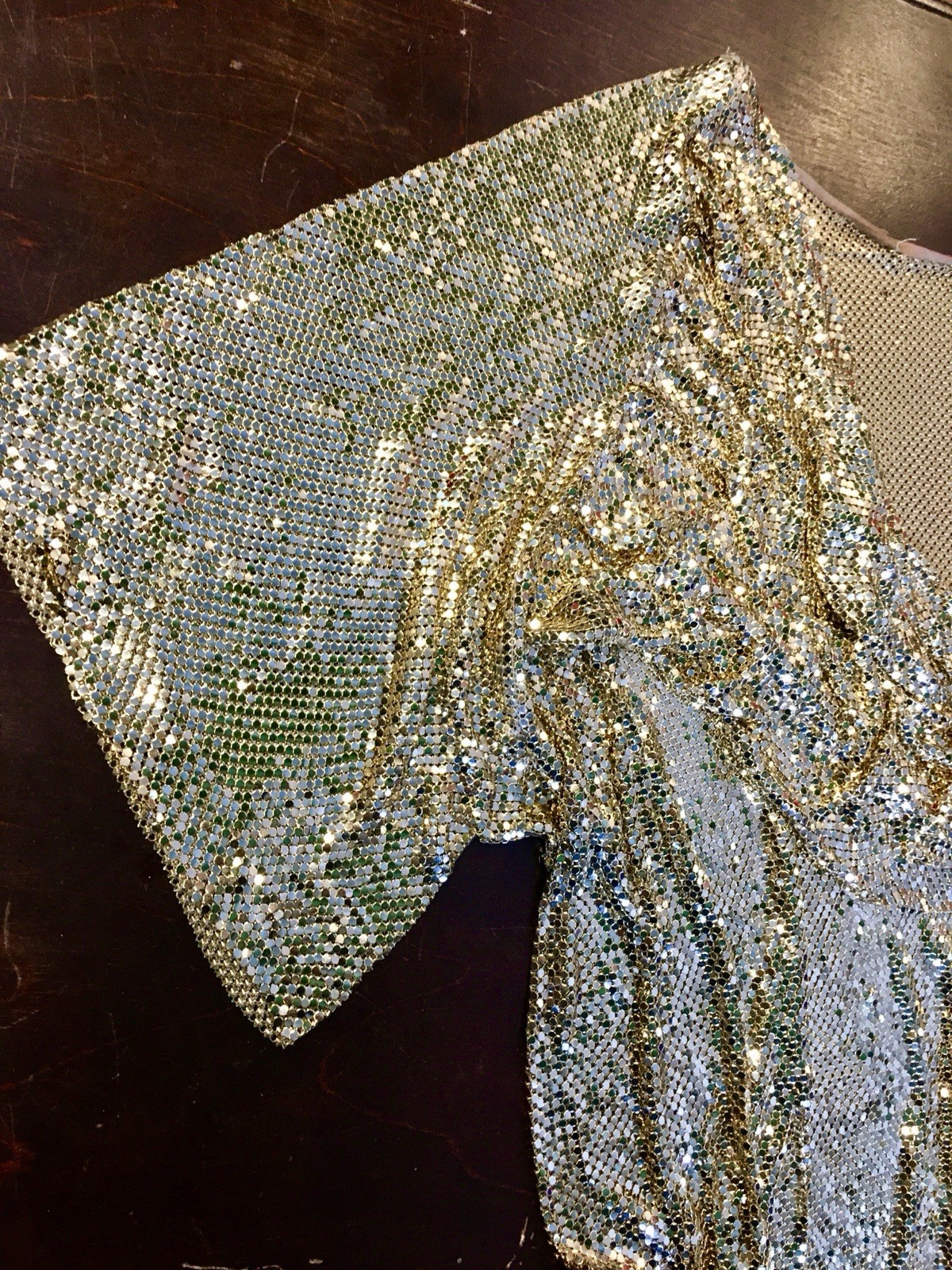 Vtg Whiting Davis Liquid Gold Metal Mesh Chain Mail Draped Front Top 70s Disco M
