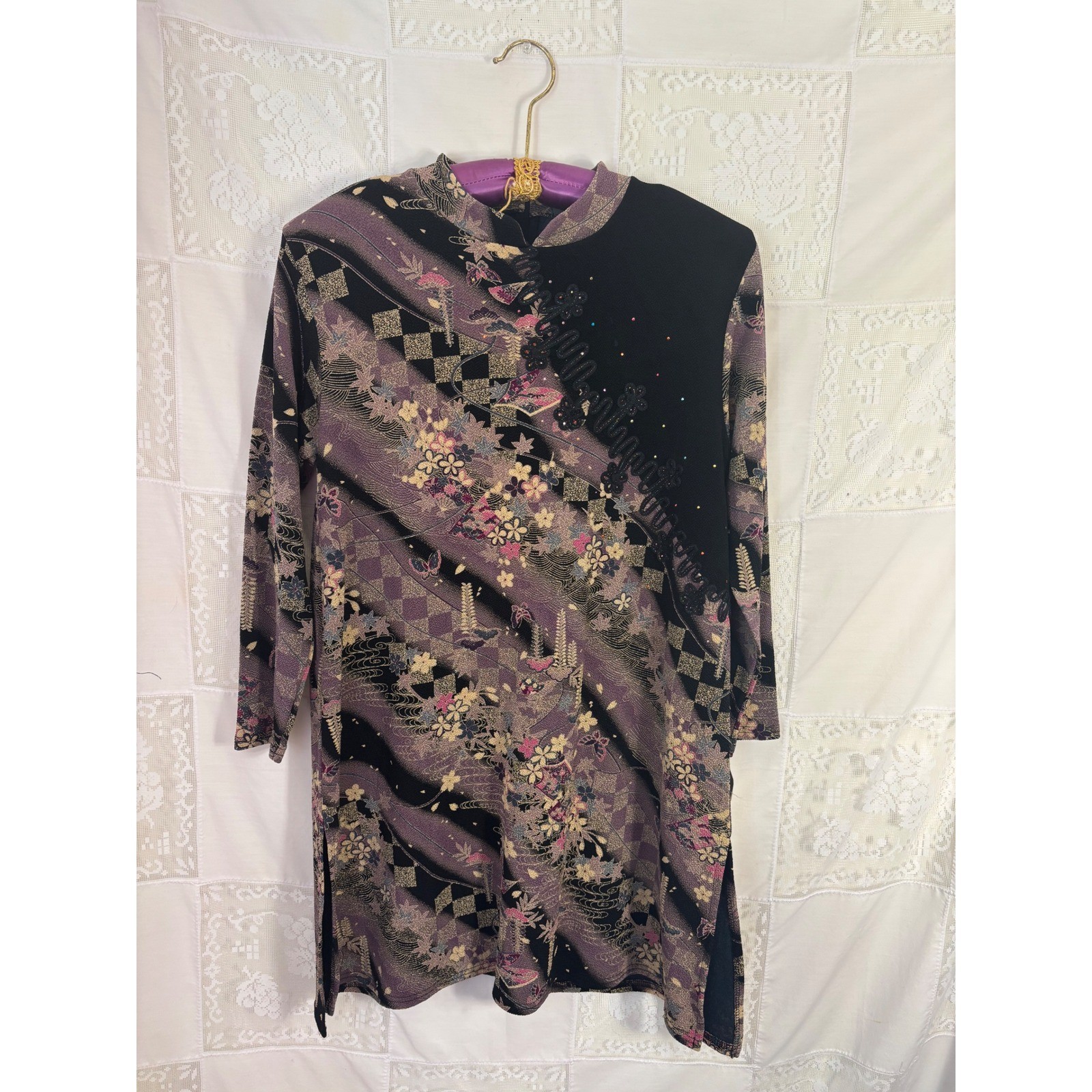 VTG NWT Asian Inspired Black Butterfly Artsy Cheongsam Mini Dress Size L