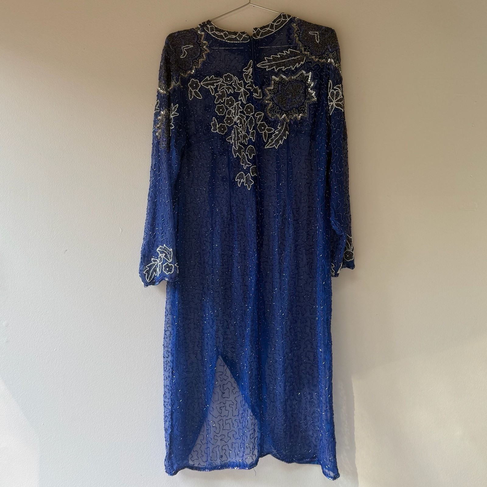 Vintage 100% Silk Beaded Evening Dress Gown Long Sleeve Royal Blue