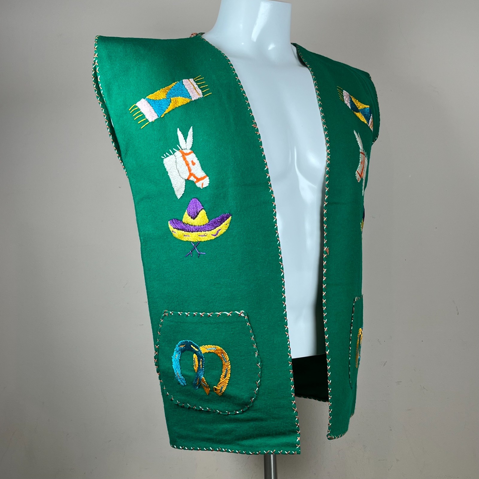 Vintage 1940’s Mexican Embroidered Wool Vest Medium Sombrero Donkey