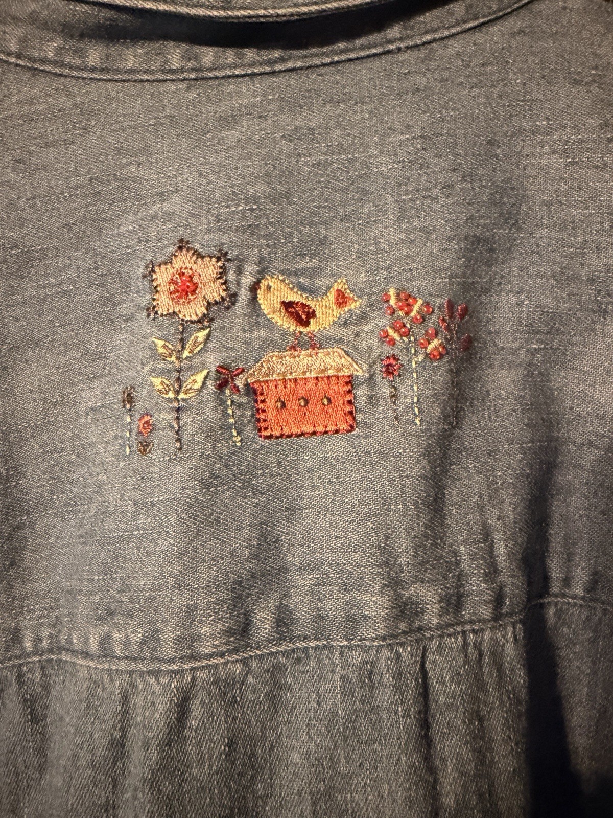 C J Banks Women’s 2X Denim Button-Down Shirt with Floral Design
