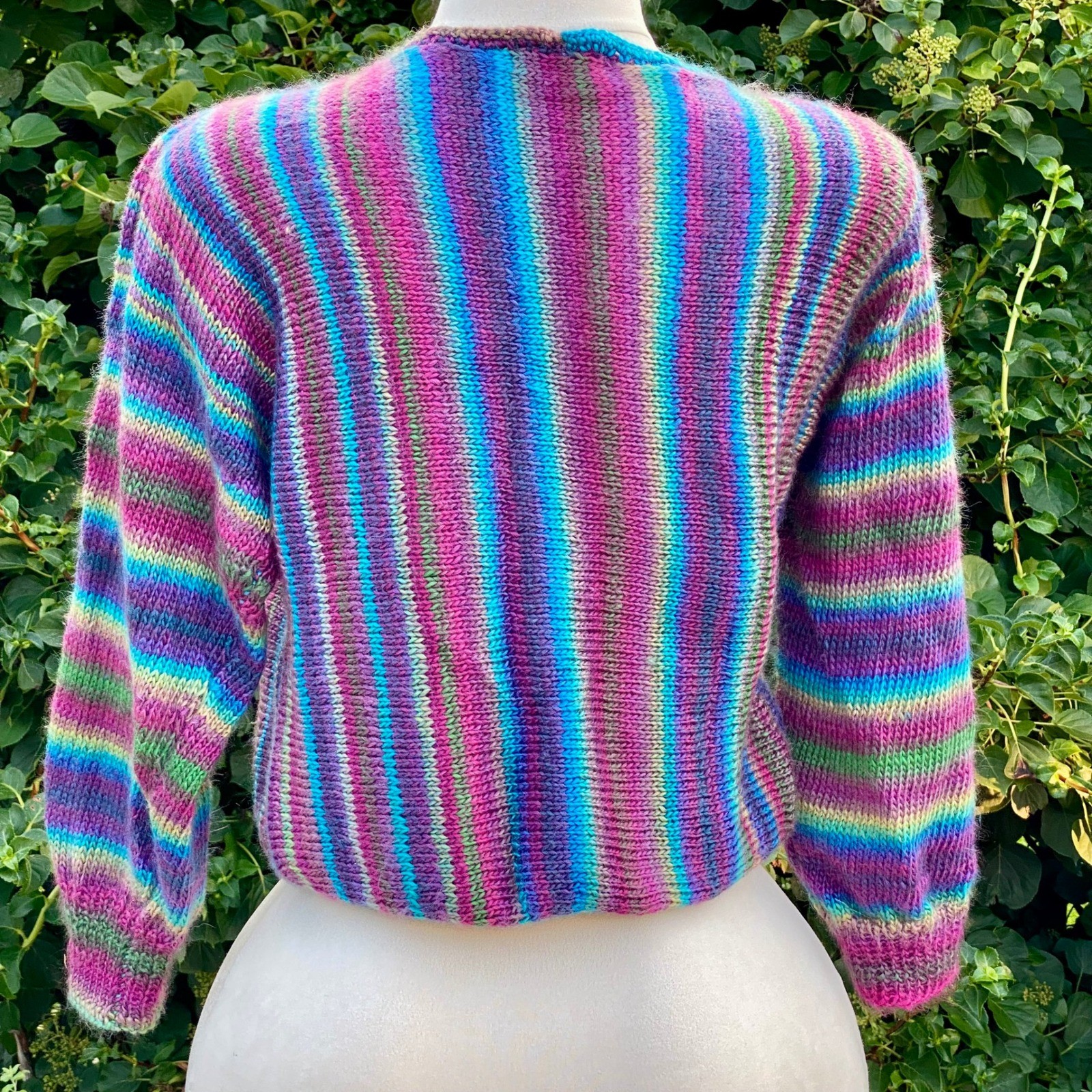 VTG Handknit Colorful Striped Balloon Sleeve Bubble Hem Sweater Twee Grandmacore