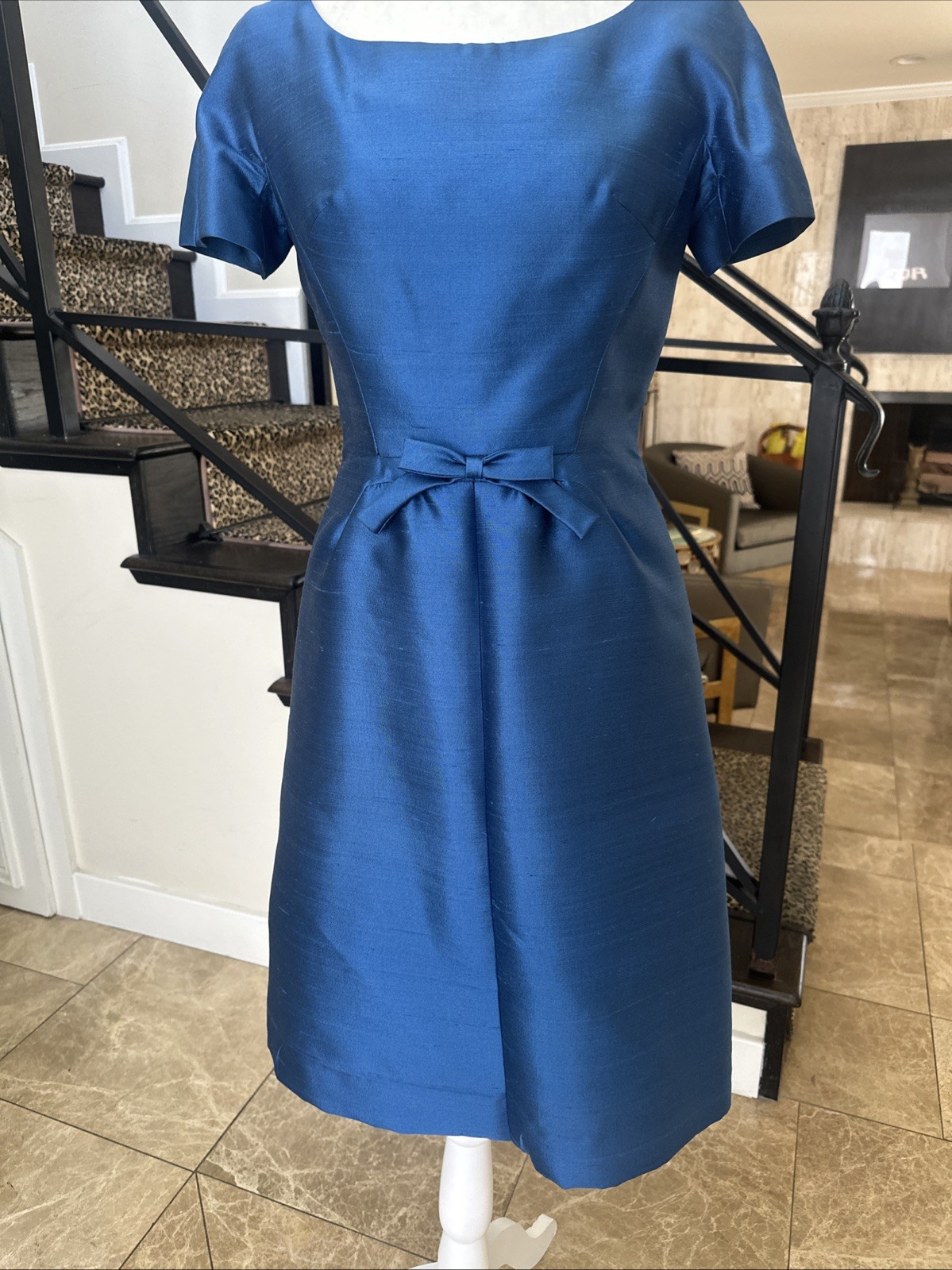 Hannah Troy VTG 50s Marine Blue Stiff Raw Silk Cocktail Dress Short Jacket S