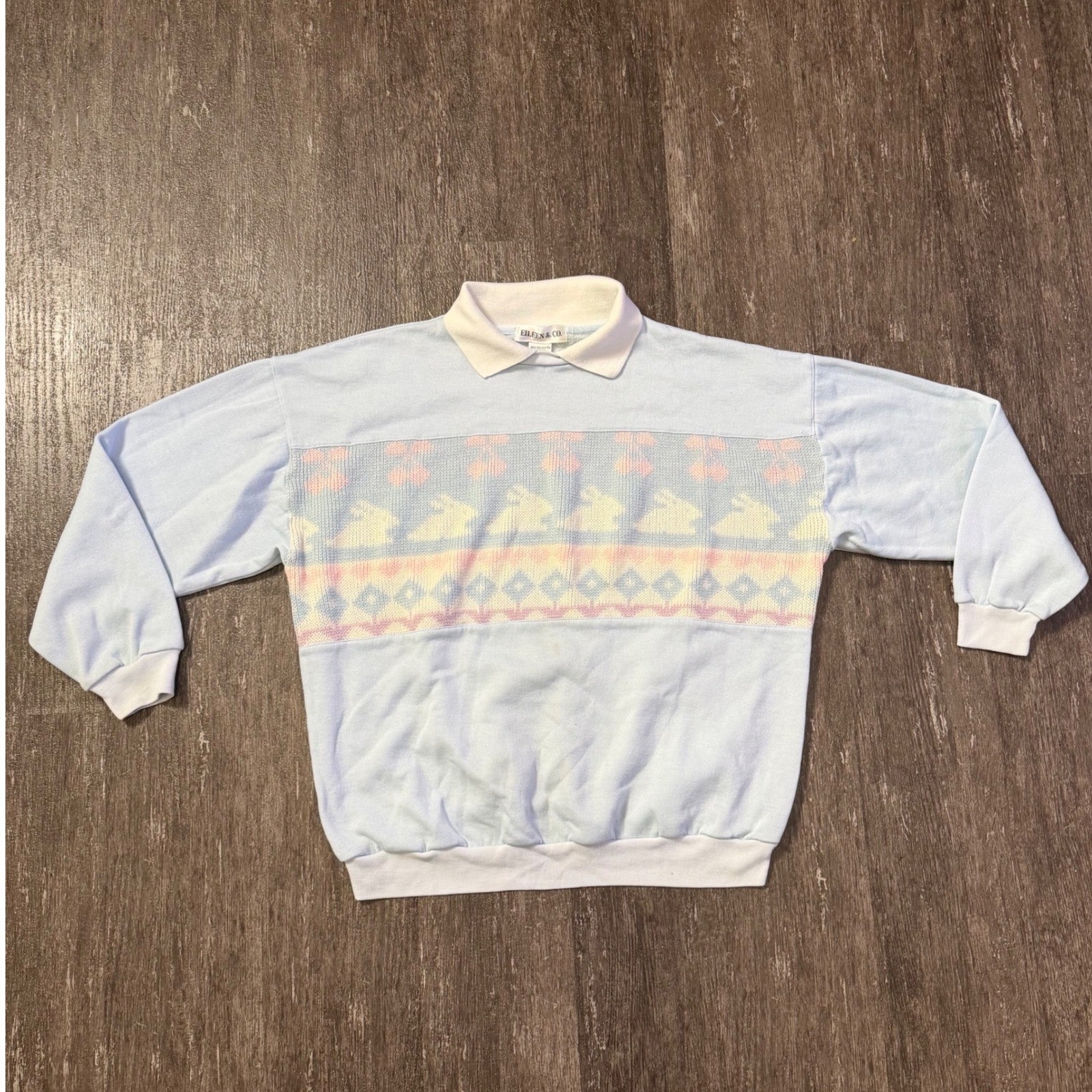 Eileen & Co Sweatshirt Women Large Blue Vintage Bunny Rabbit Heart Collared 90s