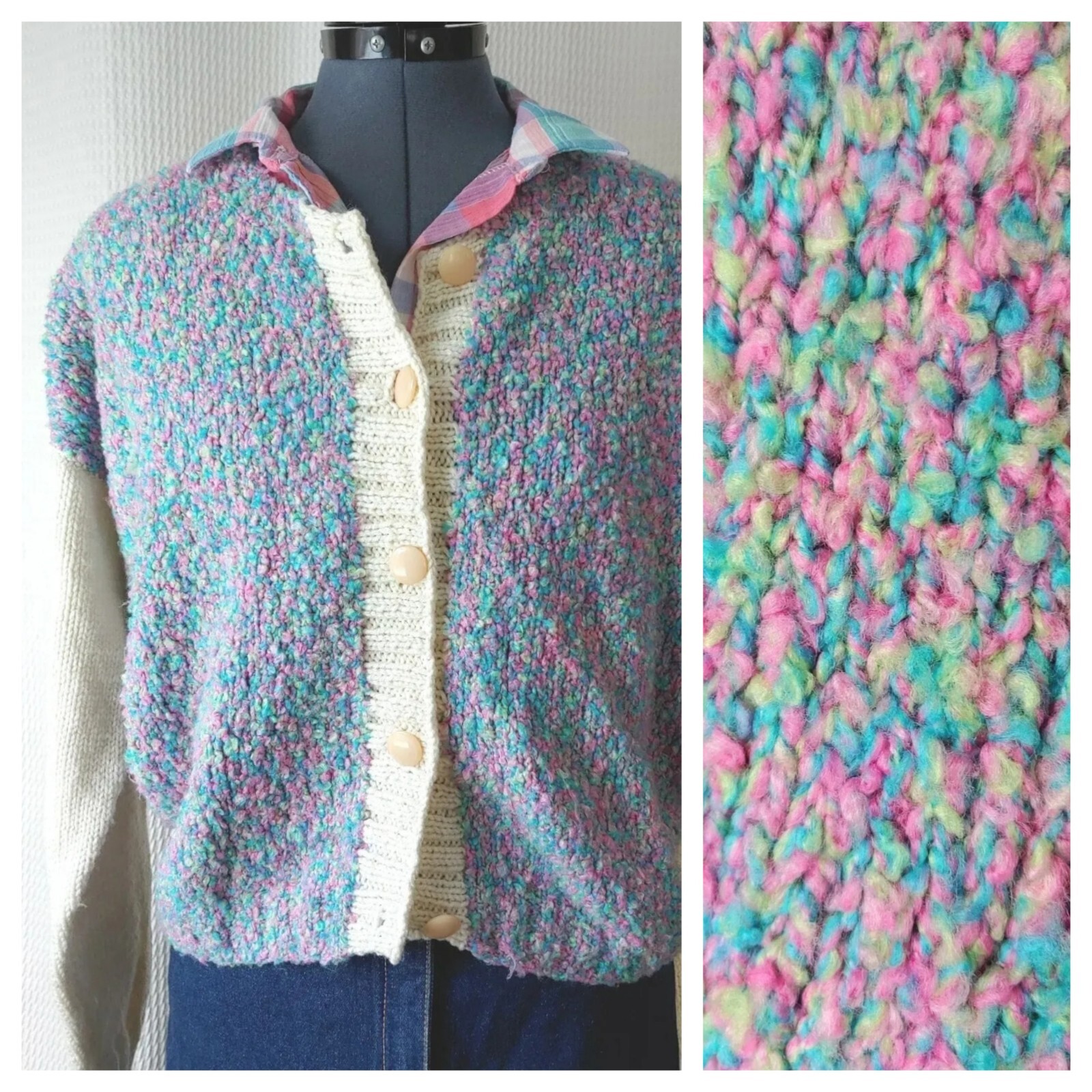 Vtg Handmade Knitted Multicolored Sweater Cardigan w Cream Sleeves 46″ Bust XL?