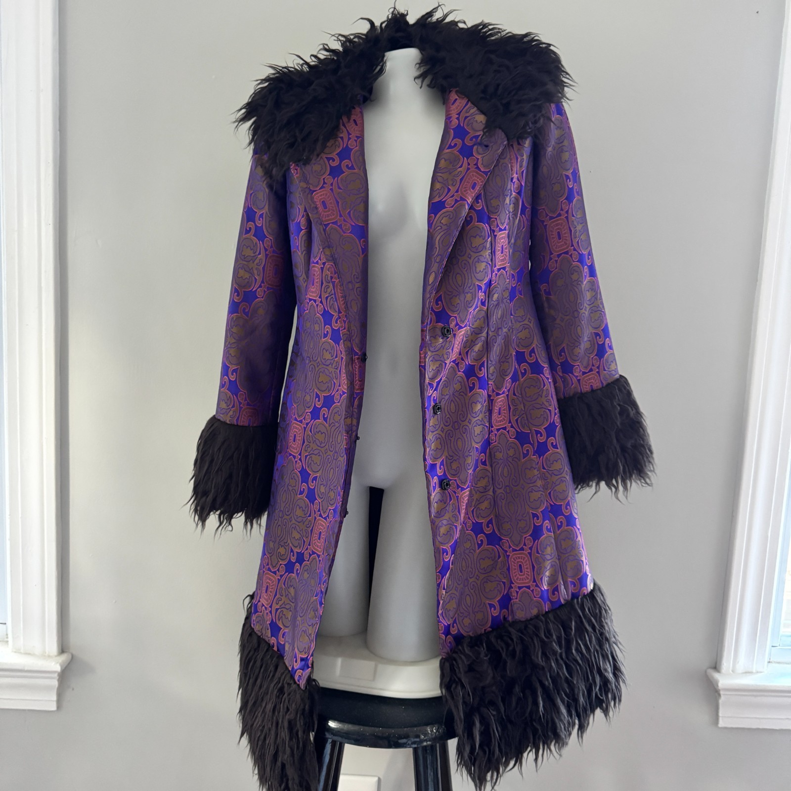 90s vtg VIVIENNE TAM Purple Gold IRIDESCENT Brocade Rave Penny Lane Fur Coat Y2K
