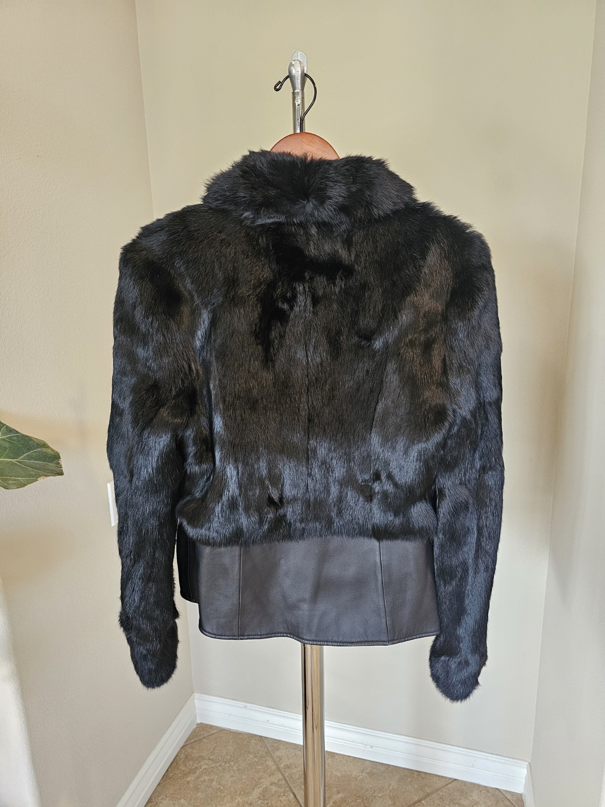 Black Rabbit Fur Coat Jacket Vintage, Made in Hong Kong, Size S/M