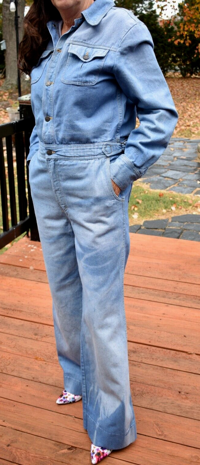 Vintage Brittania Denim Flared Leg 70s Long Sleeve Jumpsuit Romper Overall Large