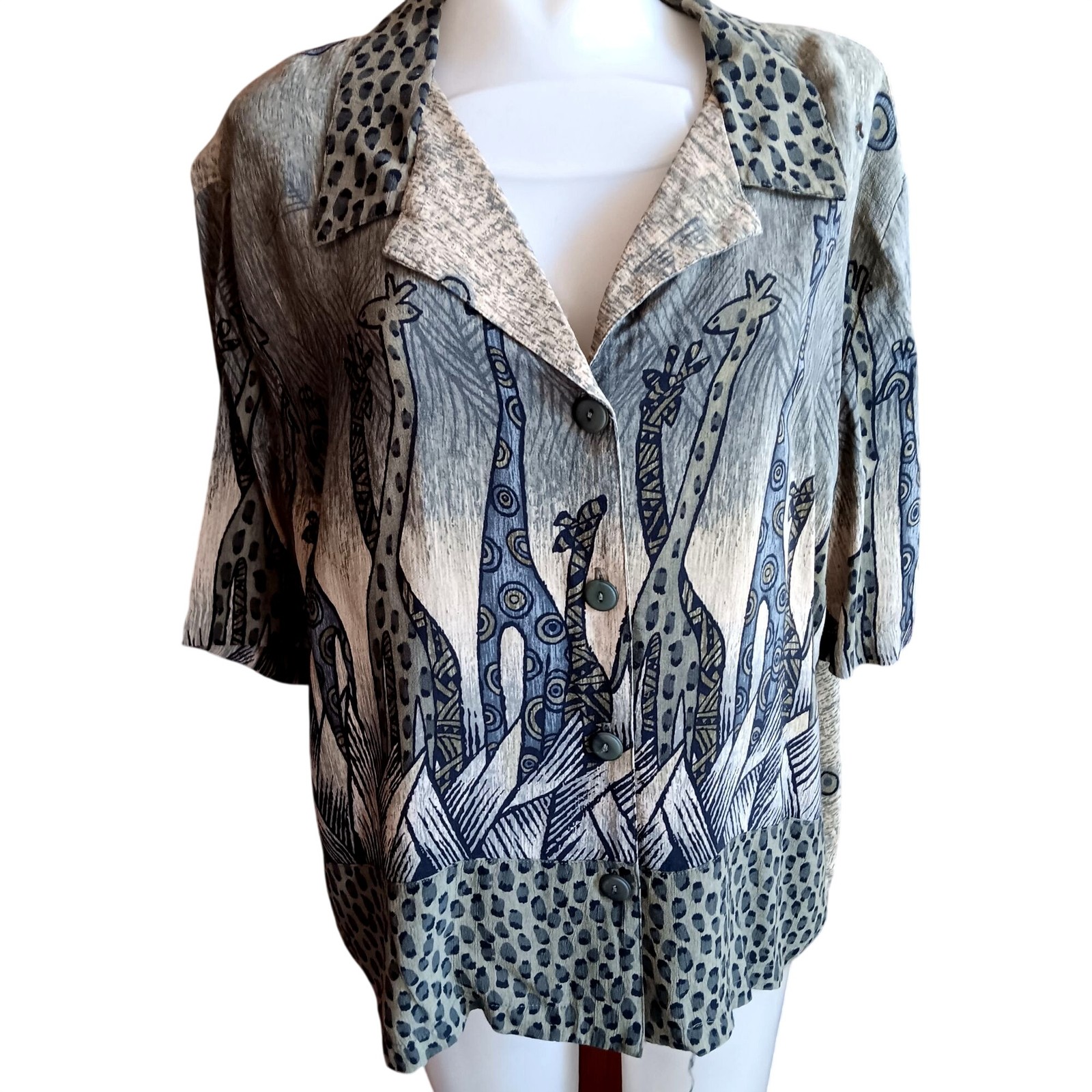 Vintage Elephant Blouse Large 1980s Womens Green Rayon Printed by Sea Suns Top L