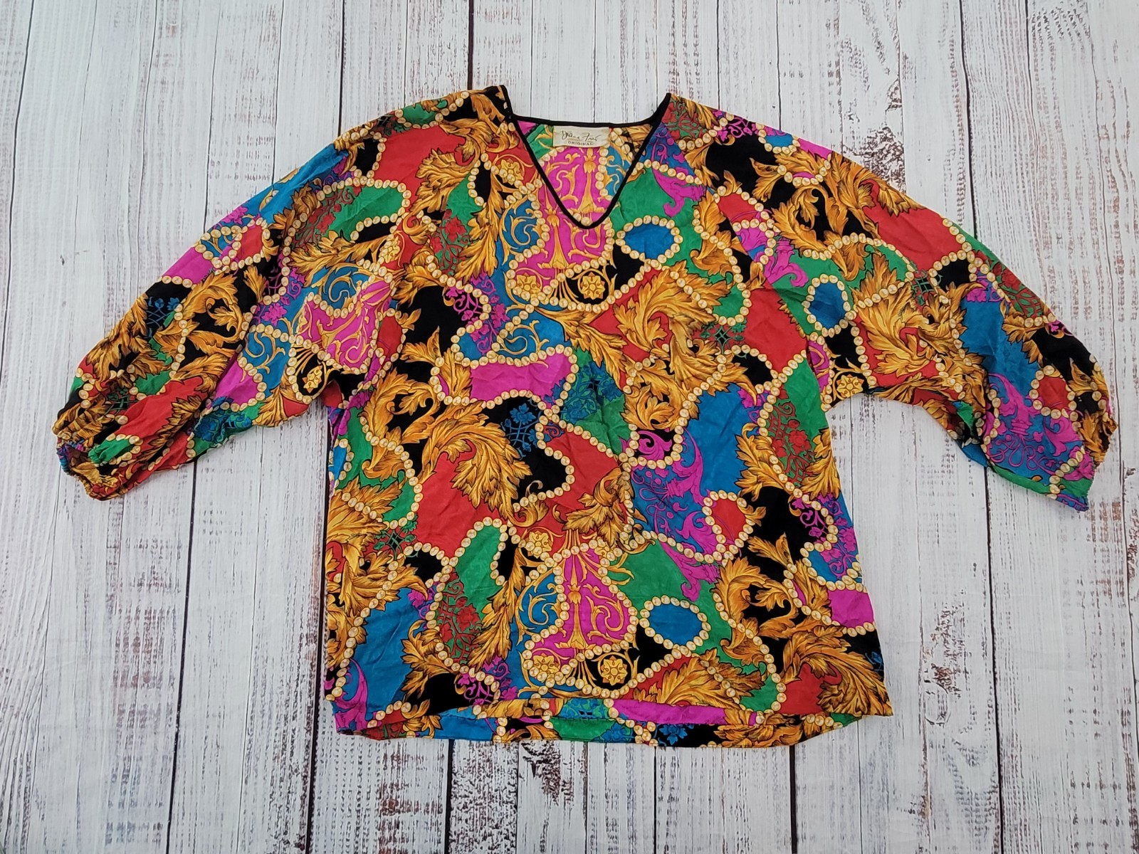 Vintage Diane Freis Original Blouse Baroque Scarf Print 3/4 Sleeve 80s 90s