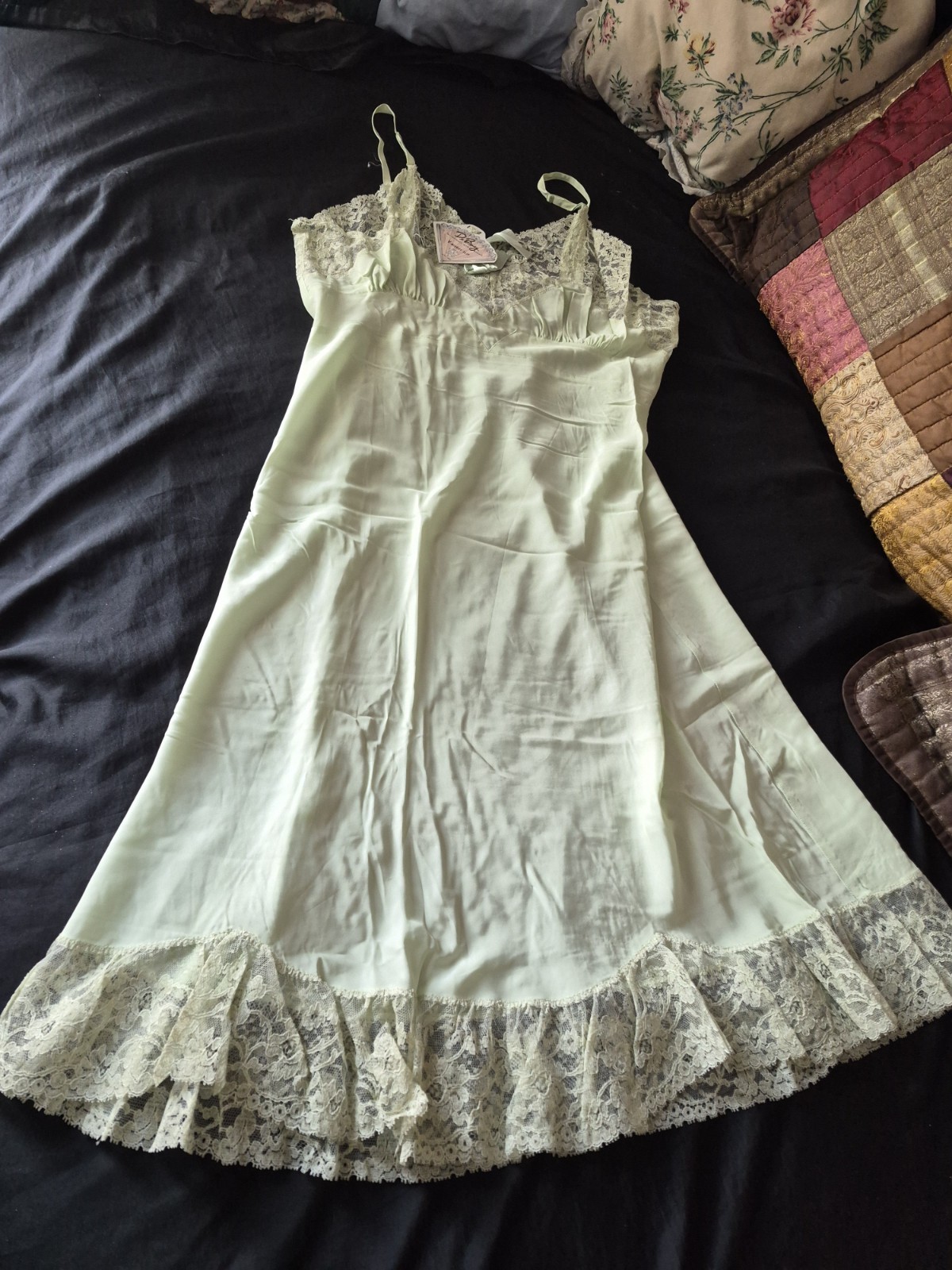 Vintage NWT Du Benay satin rayon Full Slip 36-38 Blue-Green Color