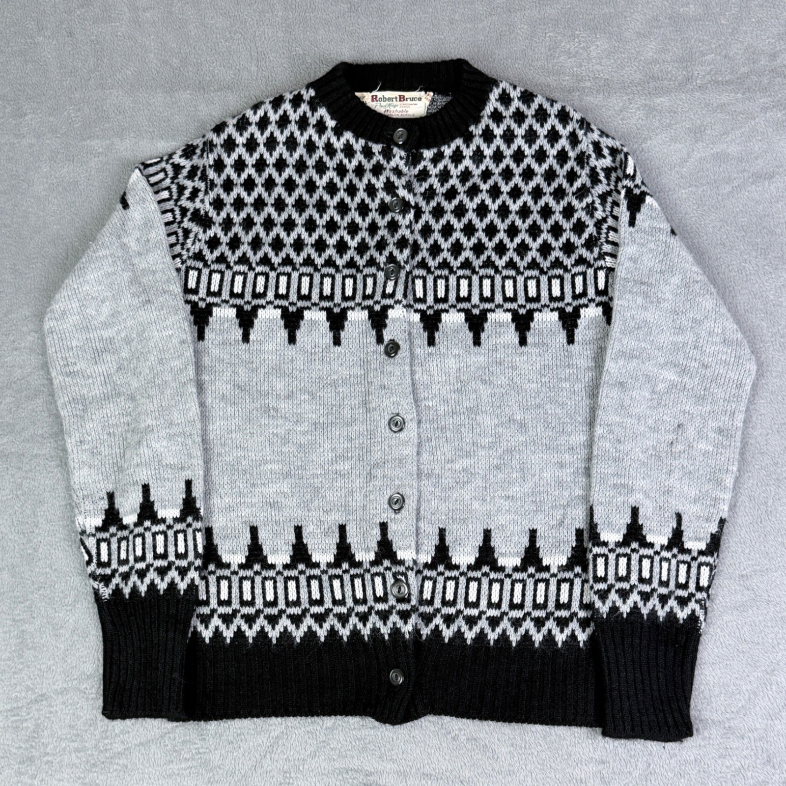 Robert Bruce Paul Mage Scandinavian Fair Isle Cardigan Gray Black WPL 9483 Vinta