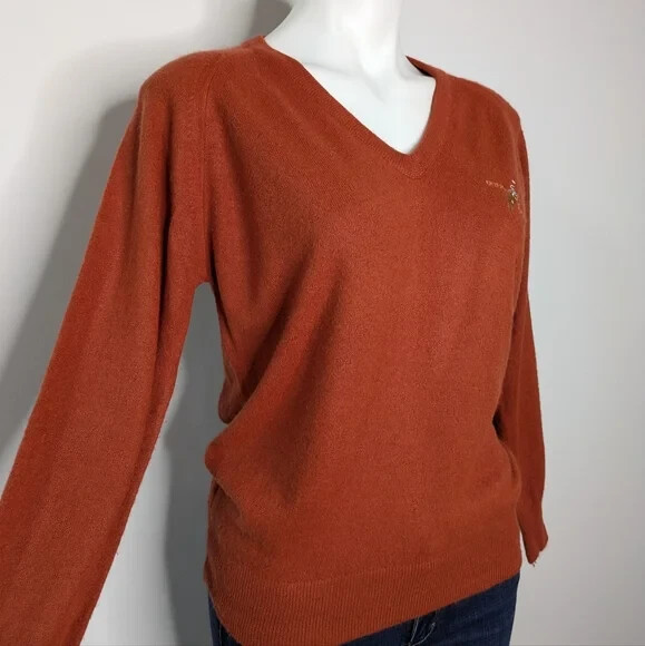 Vintage Lady Pickering Otter Creek brown orange long sleeve v neck sweater L