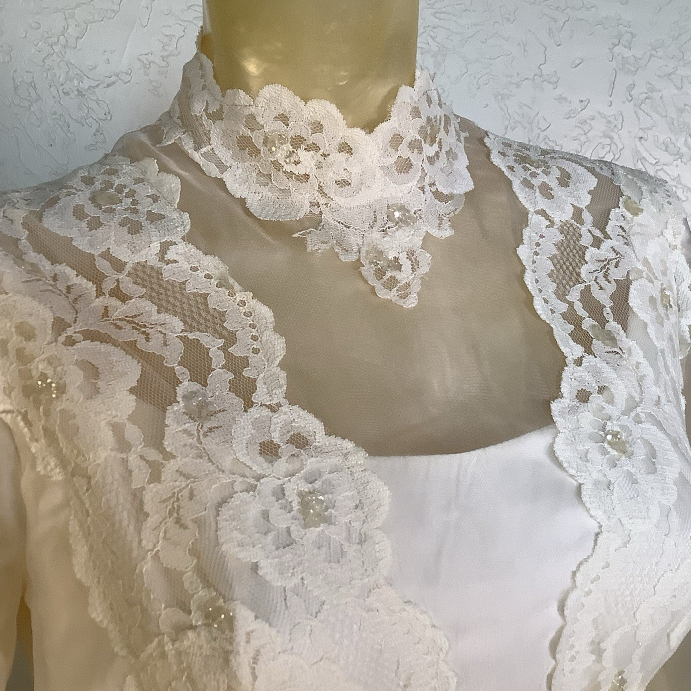 1970s Bridal Originals Regency Inspired Empire Waist Lace Wedding Dress & Train