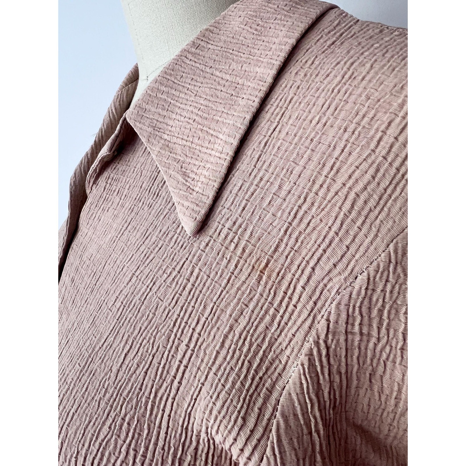 Short Sleeve Blouse Taupe Putty Open Back Vintage Crinkle Top