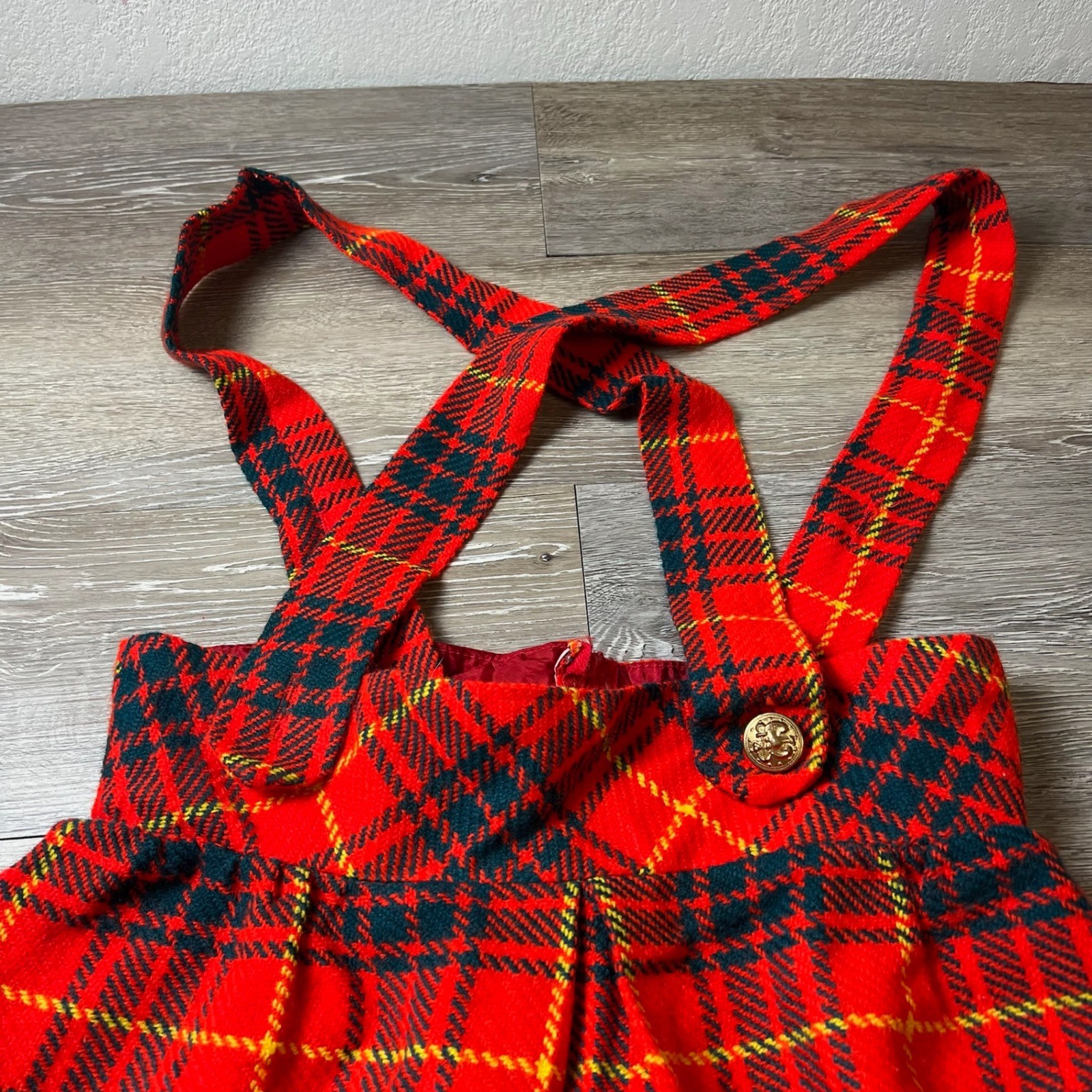 Carol Brent Pinafore Dress Womens XS Red Plaid Vintage Jumper Tartan Gold Button