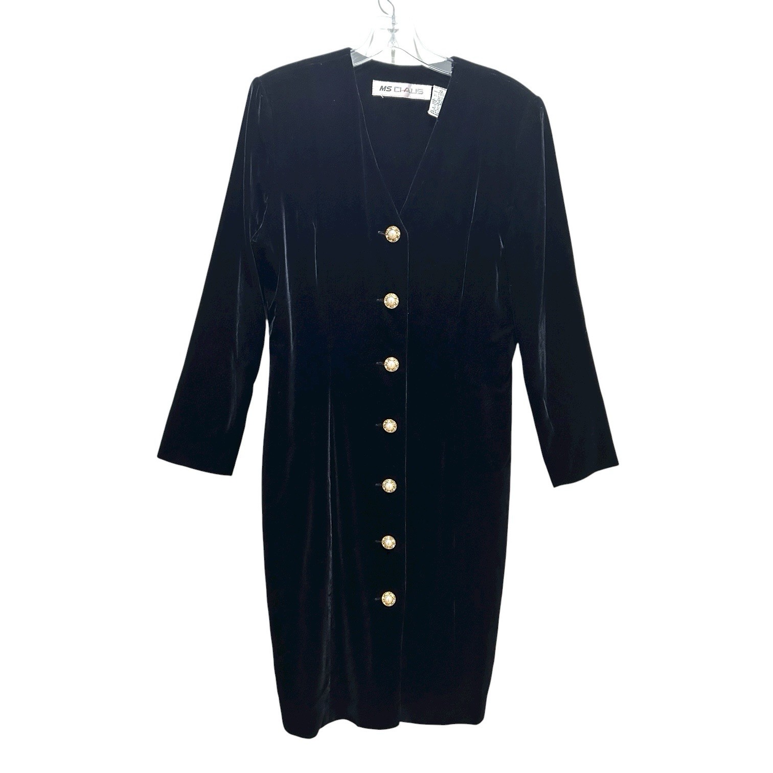 VTG MS Chaus Black Velvet Lined Button-up Midi Dress, Pearl Buttons – Size 10